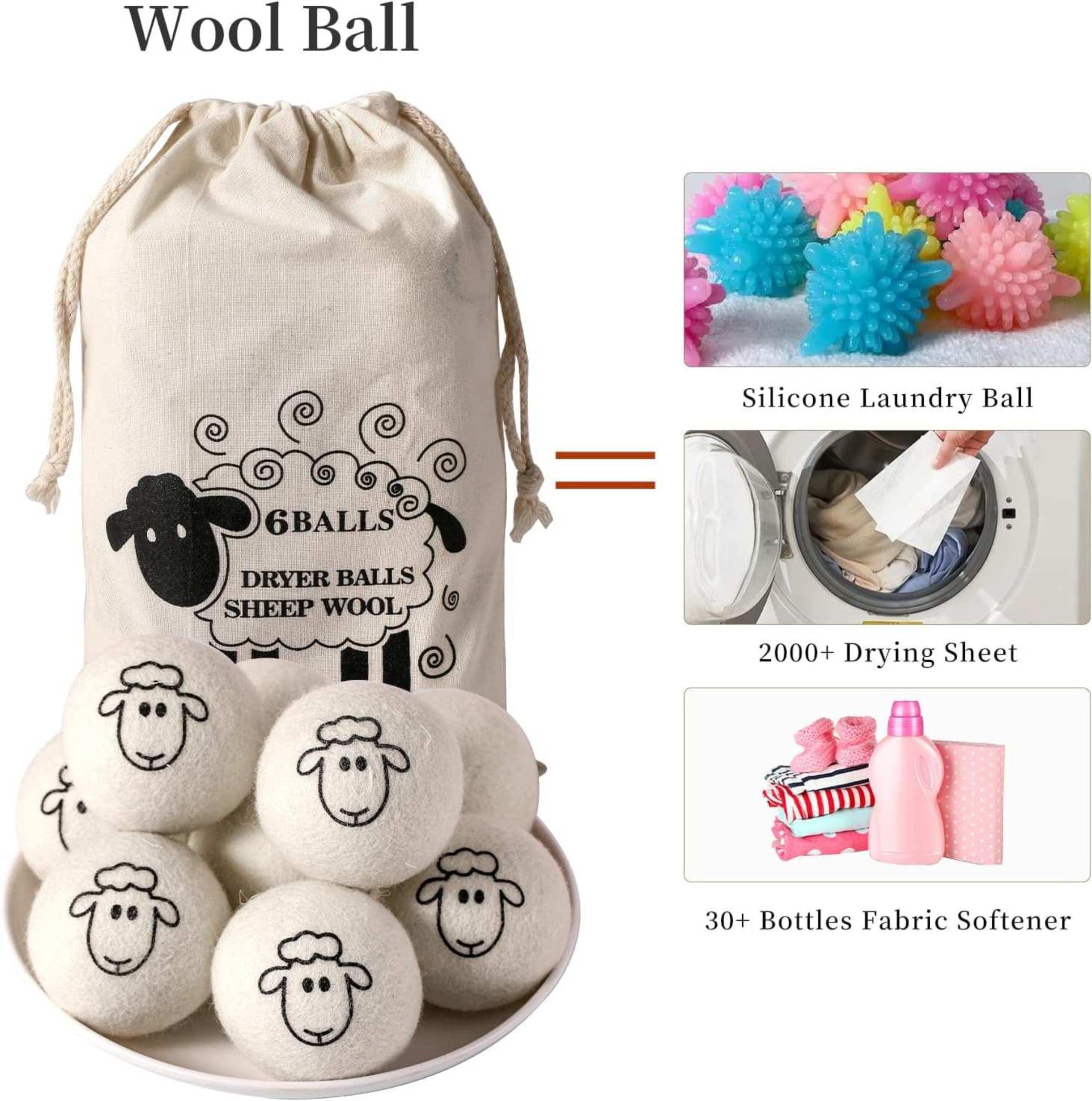 B0CMN1GKHV Wool Dryer Ball 100% Organic Wool from New Zealand. Natural Fabric Softener, Reusable, Reduces Clothing Wrinkles ans Saves Drying Time (Pack of 6)