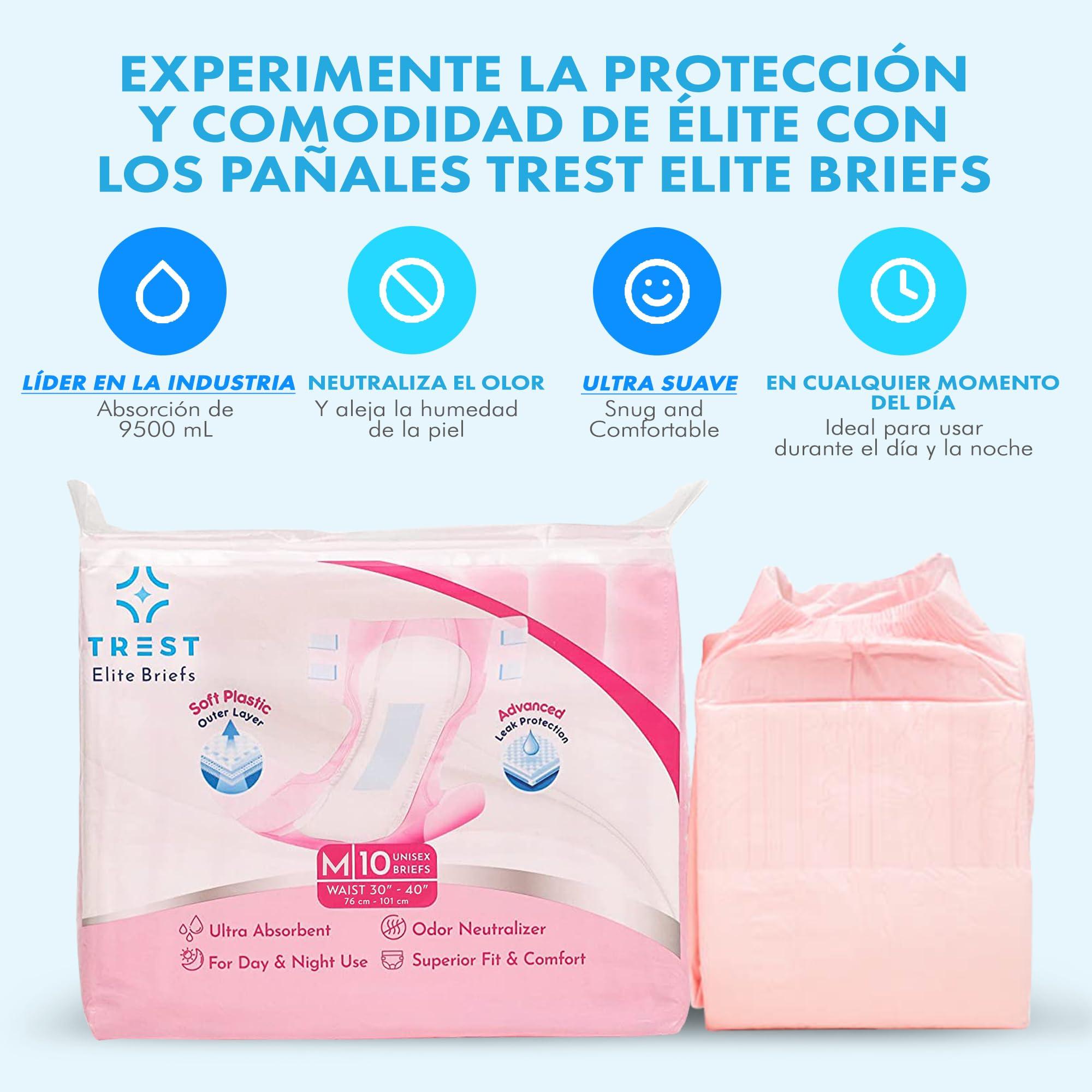 Trest TREST Elite Briefs for Men and Women, Overnight Diapers for Incontinence, Elite Absorbency, Comfortable, Odor Neutralizing and Secure Fit with 2 Wide Tabs - Pink, Medium (Pack of 10)