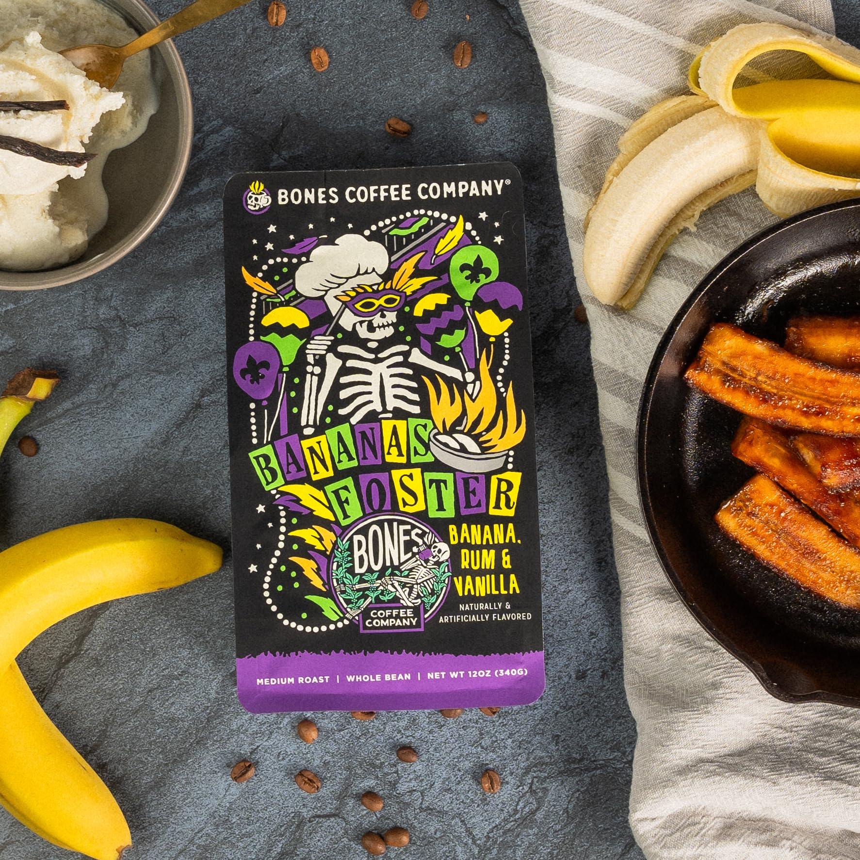 Bones Coffee Company Bones Coffee Company Bananas Foster Flavored Coffee Beans, Medium Roast Ground Coffee Low Acid, Banana Rum & Vanilla Flavor (12 oz)