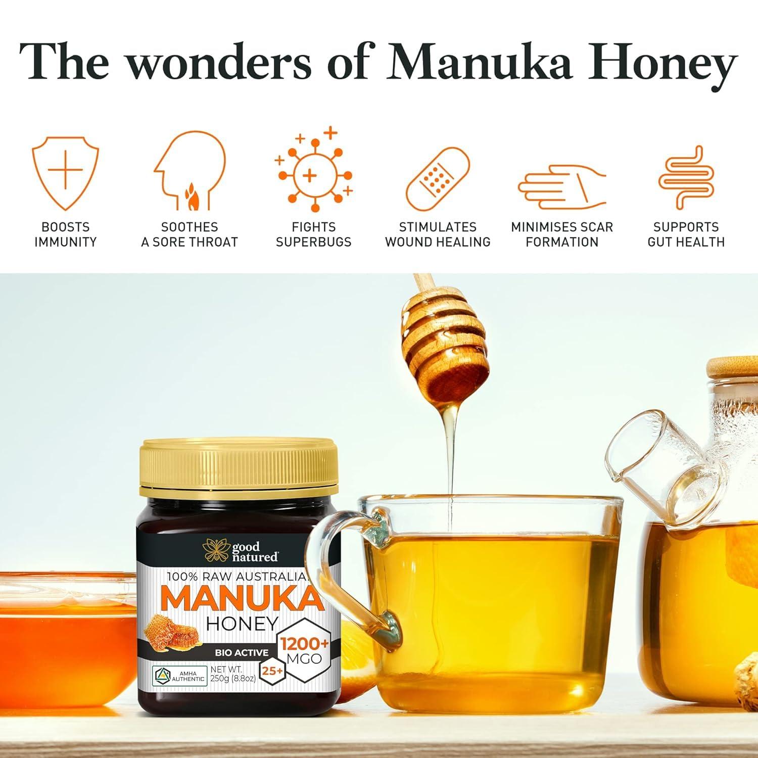 Good Natured Good Natured Manuka Honey (MGO 1200+) - Highest Grade Raw Manuka Honey Medical Grade, Non-GMO, Lab-Tested & AMHA Certified, BPA-free, 8.8 oz
