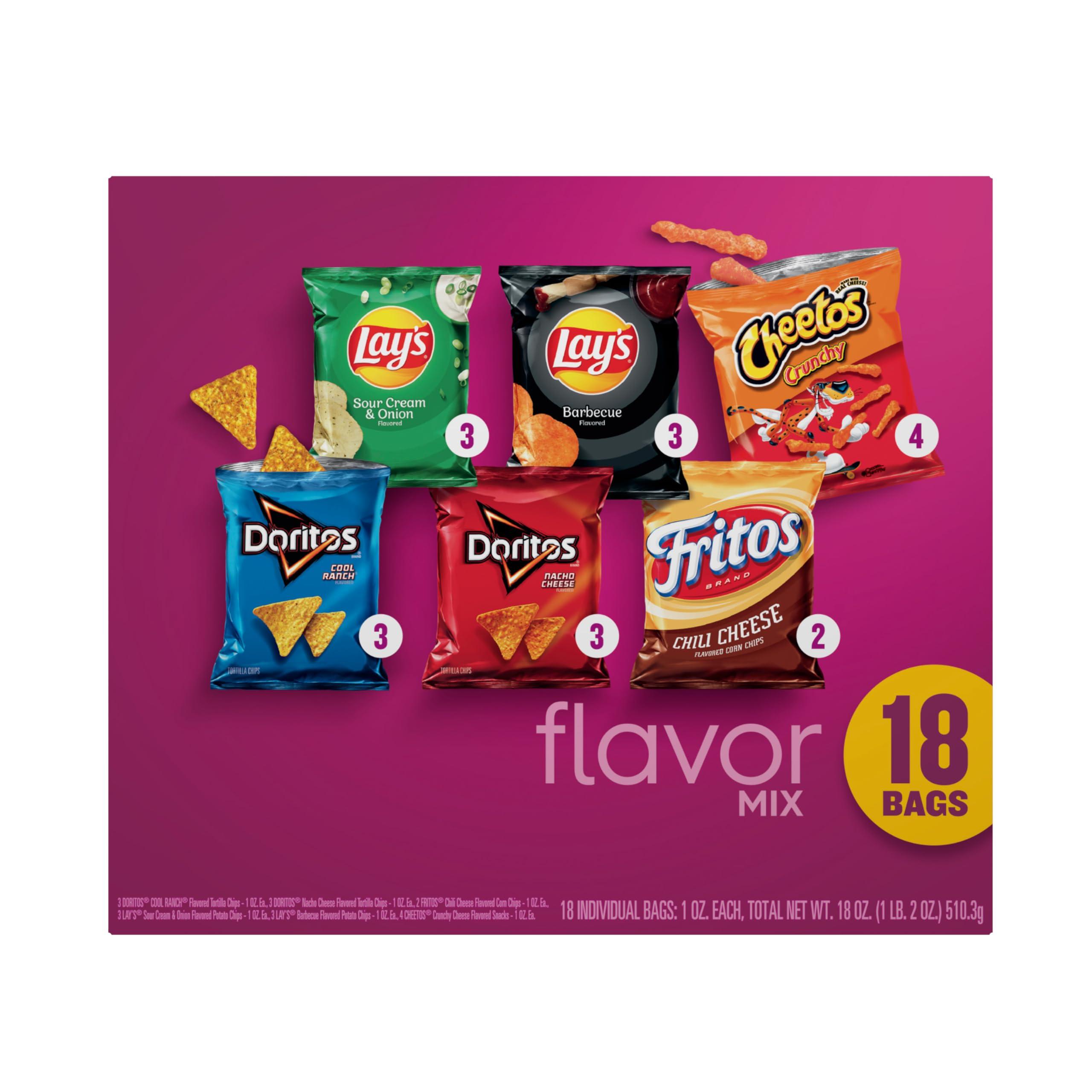 Frito Lay Frito-Lay Snacks Flavor Mix Chips Variety Pack, Doritos, Lay\'s, Chetos, Fritos, 1oz Bags -18 Count (Pack of 1) (Assortment May Vary)