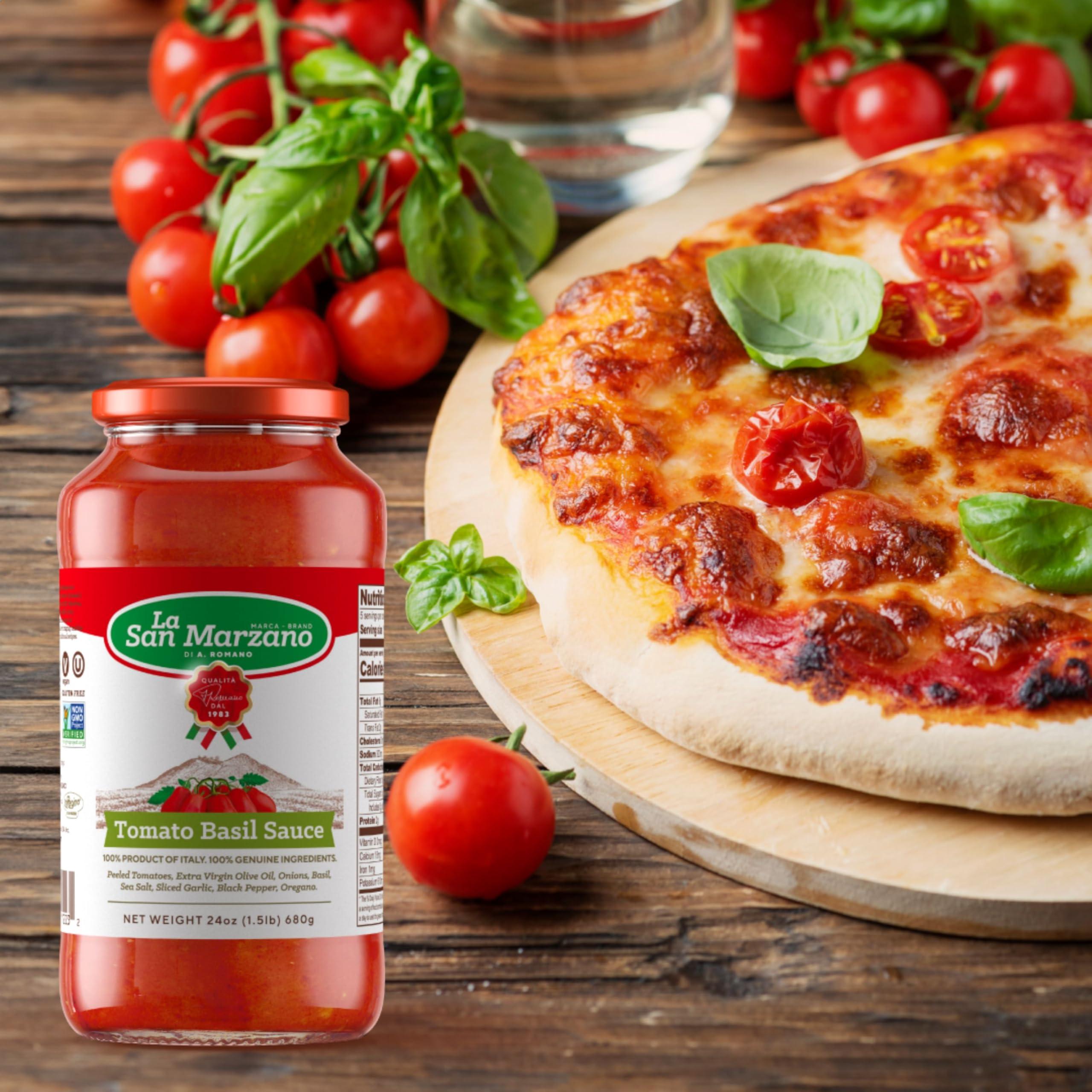 LA SAN MARZANO DI A. ROMANO MARCA BRANDROMANO La San Marzano - Tomato Basil Sauce - Pasta Sauce with 100% Italian Tomatoes Made in Italy - Peeled Tomatoes with Fresh and Natural Ingredients Non GMO Tomatoes, Vegan, Gluten Free, Kosher, Mediterranean Diet 24 Ounce Jar