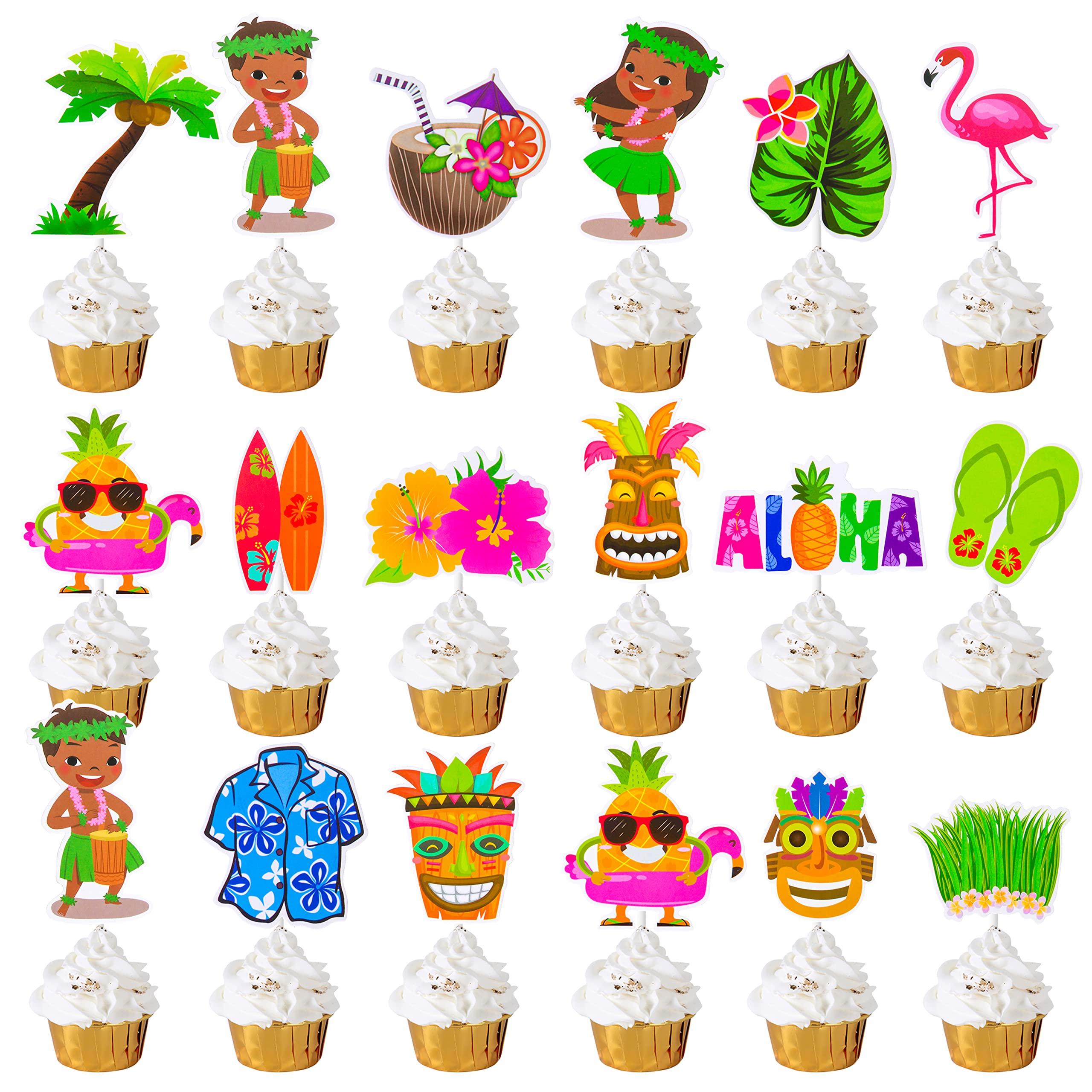 C L cooper life 32 Pcs Hawaii Aloha Luau Cupcake Toppers Hawaiian Tropical Summer Theme Birthday Party Cake Decorations with Palm Leaves Flamingo Tiki Coconut Pattern