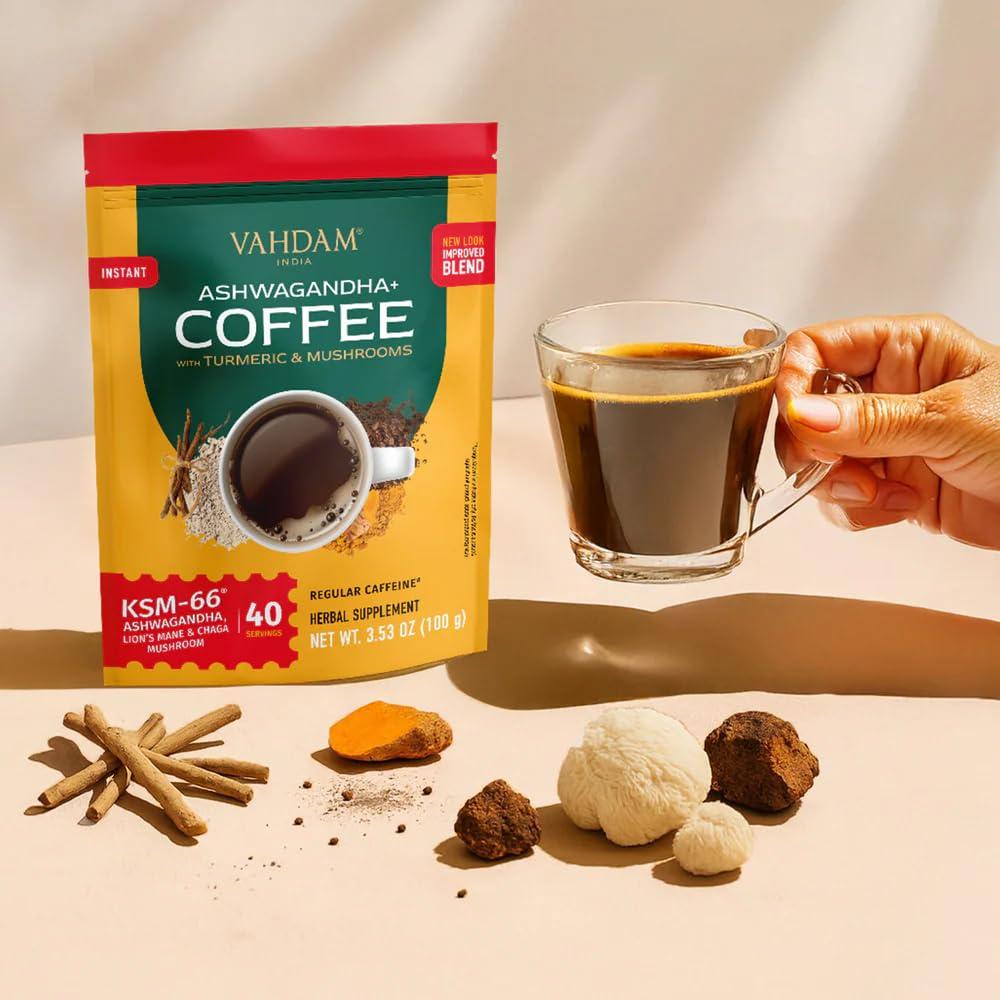VAHDAM VAHDAM, Instant Mushroom Coffee with KSM 66 Ashwagandha (250mg, 40 servings), Turmeric, Lion\'s Mane and Chaga Mushroom | 100% Arabica Coffee | Supports Better Focus and Immunity | Enjoy Hot or Iced