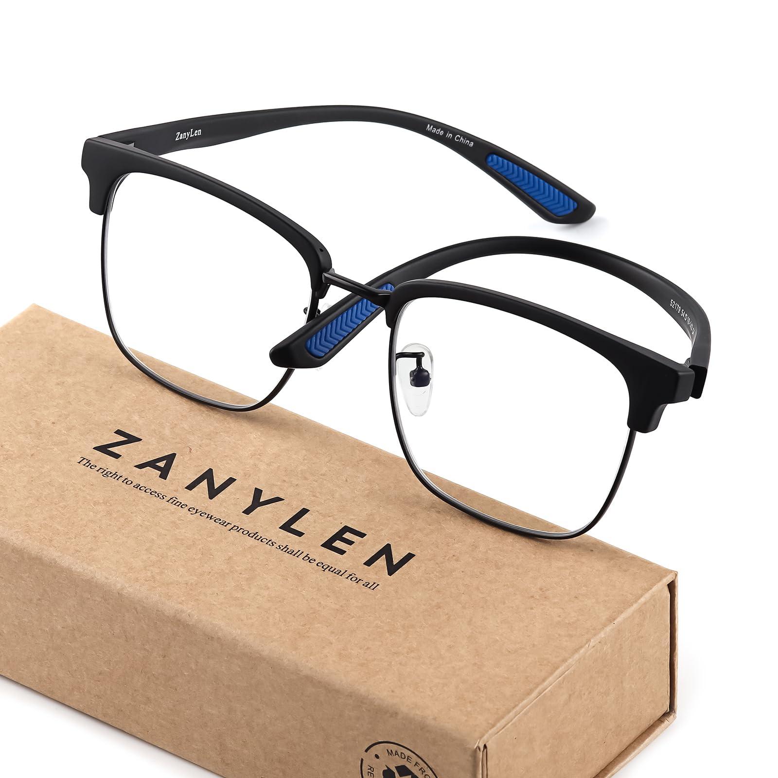 ZanyLen ZanyLen Blue Light Glasses Men Rectangle Large Browline Computer Gaming Glasses Blue Blocker Anti-Glare UV400 Protection Clear Lens (Black Metal/Black TR90 Glasses)