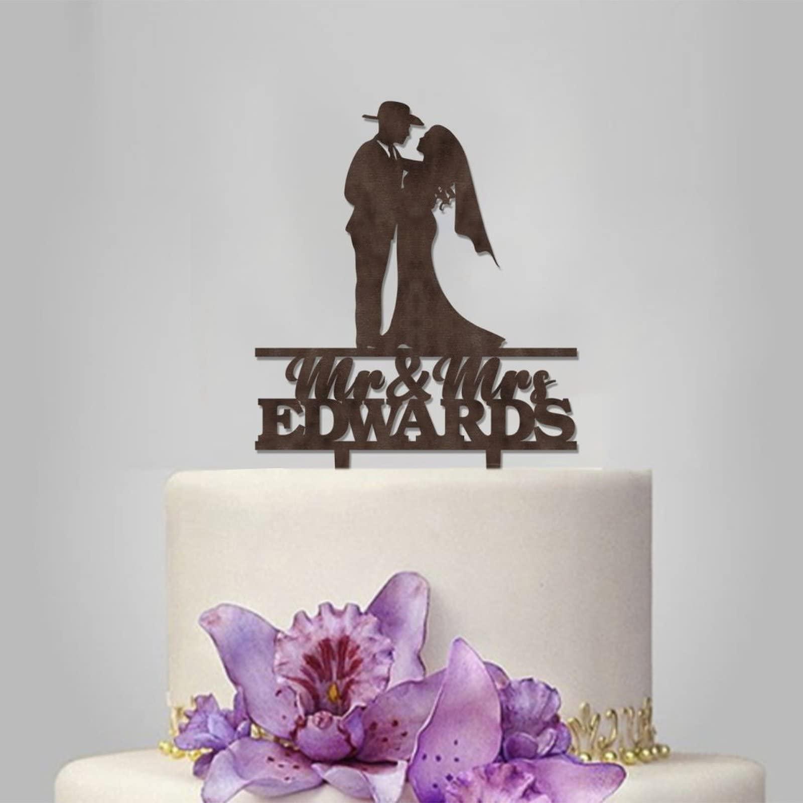 Funlucy Bride Groom Wedding Cake Toper Mr Mrs Wedding Cake Toppers Personalized Last Name Cake Topper Custom Family Name Est Date Topper Anniversary Baptism Cake Topper Engagement Cake Topper Wedding Party Decoration, Wooden