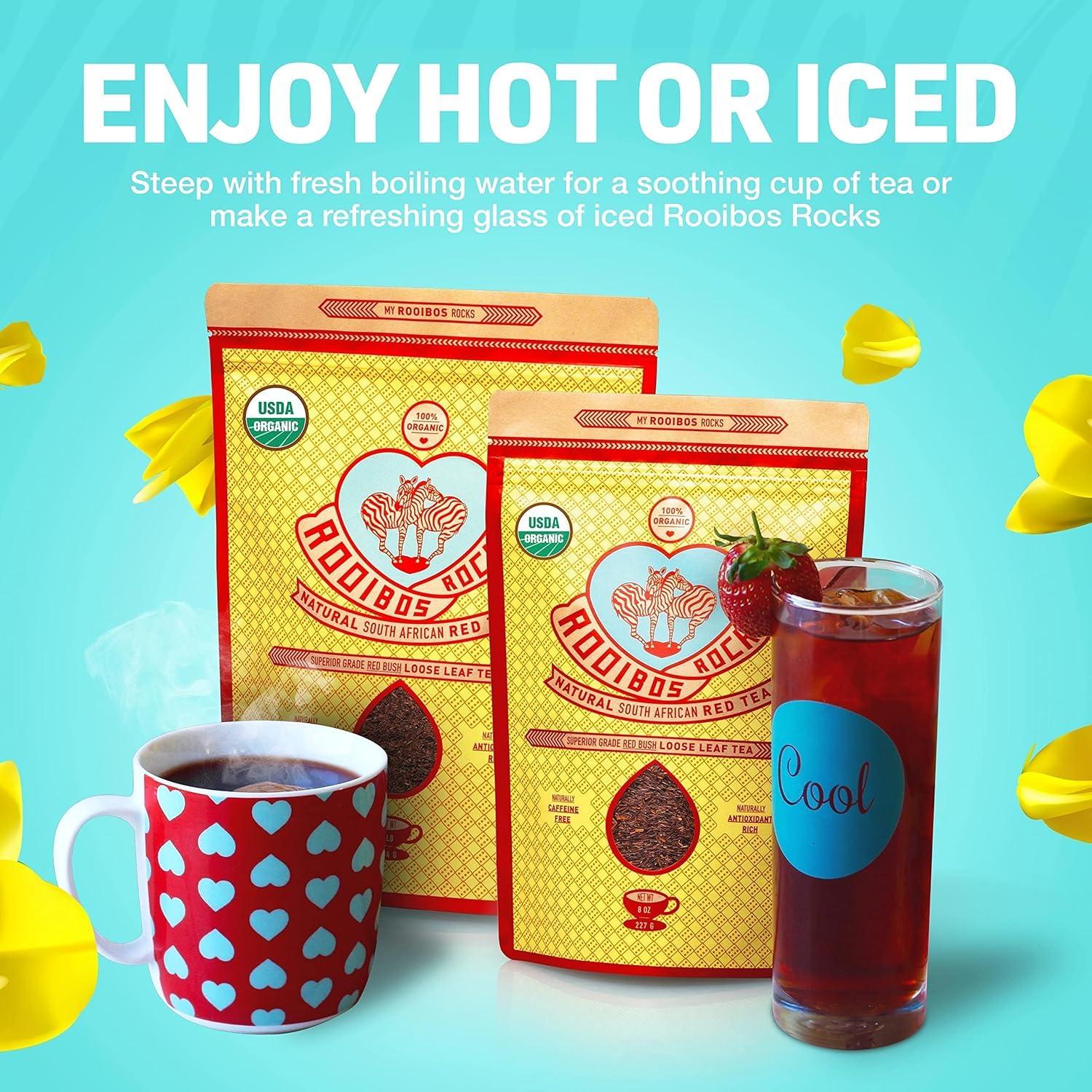 Rooibos Rocks Naturally Sweet Organic Rooibos Tea - 8 oz Premium Loose Leaf Rooibos Tea Caffeine-Free and Sugar Free Red Rooibos Tea Organic Low-Tannin and Antioxidant-Rich Rooibos Tea Loose Leaf
