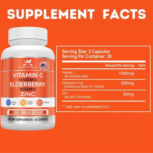 nurishable Elderberry with Zinc and Vitamin C For Adults - Vitamin C 1000mg Capsules with Zinc 50mg & Elderberry for Immune Support & Antioxidant Protection - Easy To Swallow, Non-GMO - 60 Veggie Capsules