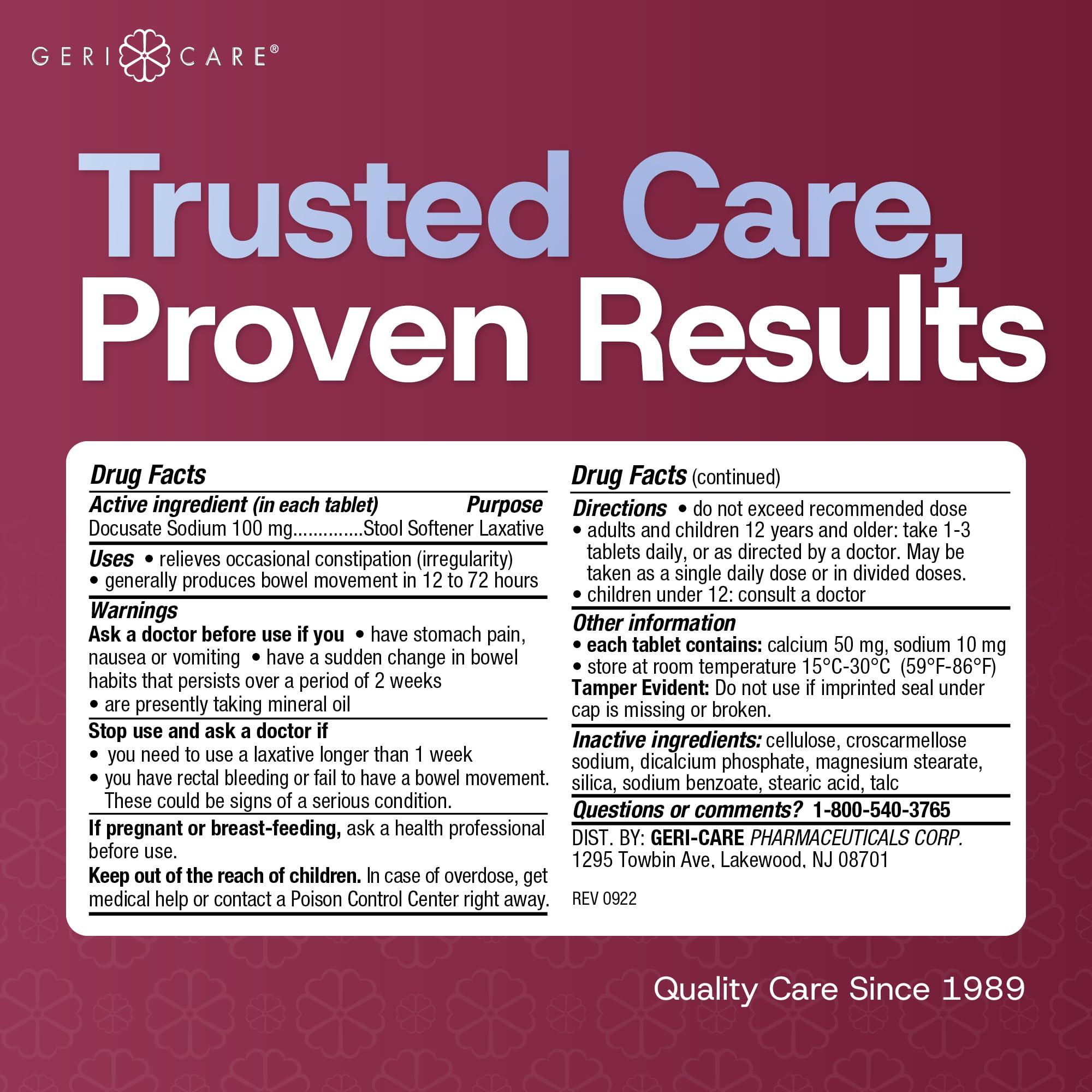 GeriCare GeriCare Docusate Sodium Stool Softeners, Best Stool Softener for Daily use for Women, Men, and Elderly - Ideal for Constipation Relief 100mg Crushable Tablets. (100 Count) Made in The USA.