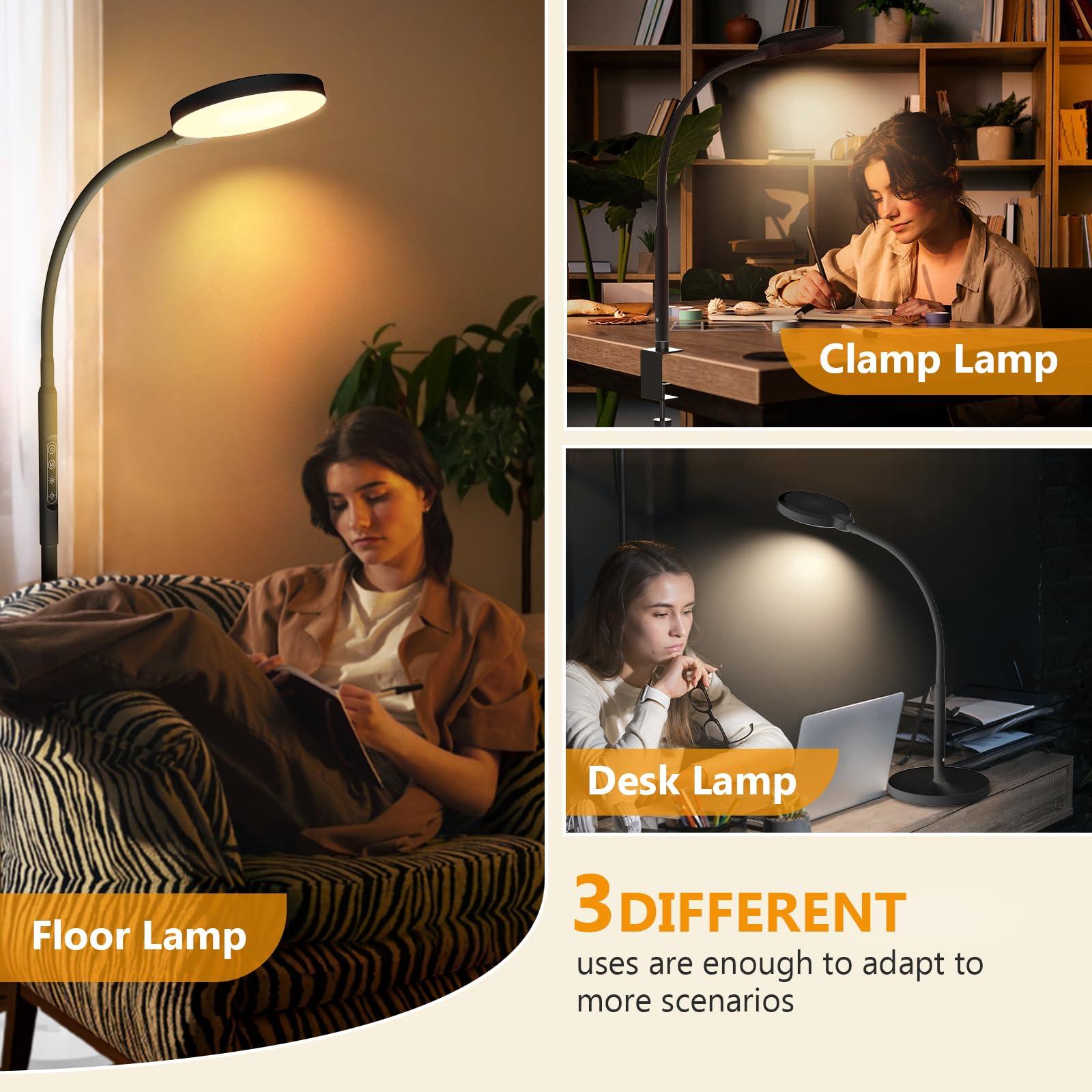 Aulaidik Light Therapy Lamp, 3 in 1 Happy Therapy Floor Lighting, 11000 Lux Full Spectrum Therapy Lamps, UV-Free LED Sunlight, 10 Brightness/5 Color/Gooseneck/Height Adjustable With Remote Timer Control, Black