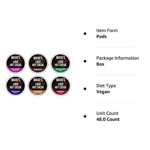 MAUD\'S Maud\'s Flavored Hot Chocolate Variety Pack, 48ct. Solar Energy Produced Recyclable Single Serve Gluten & Dairy Free Flavored Hot Cocoa Pods, 100% California Blended Hot Cocoa Variety, KCup Compatible