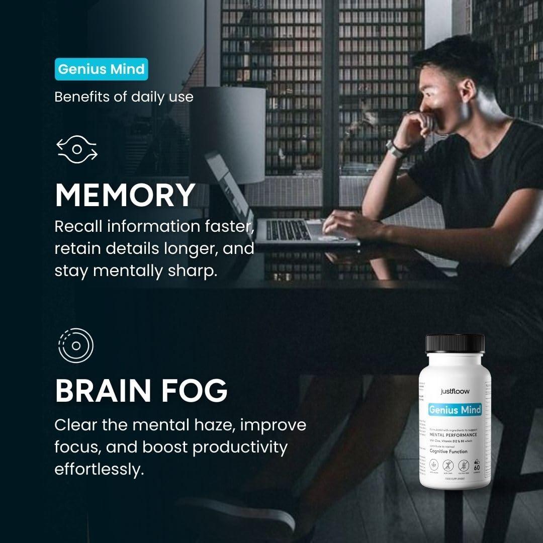 JustFloow JustFloow Genius Mind Nootropic Brain Supplement, Support Cognitive Function, Energy Levels, Focus & Memory Function - 17 Brain Boosting Ingredients Including Lions Mane, Bacopa, Ginkgo & Vitamin B12