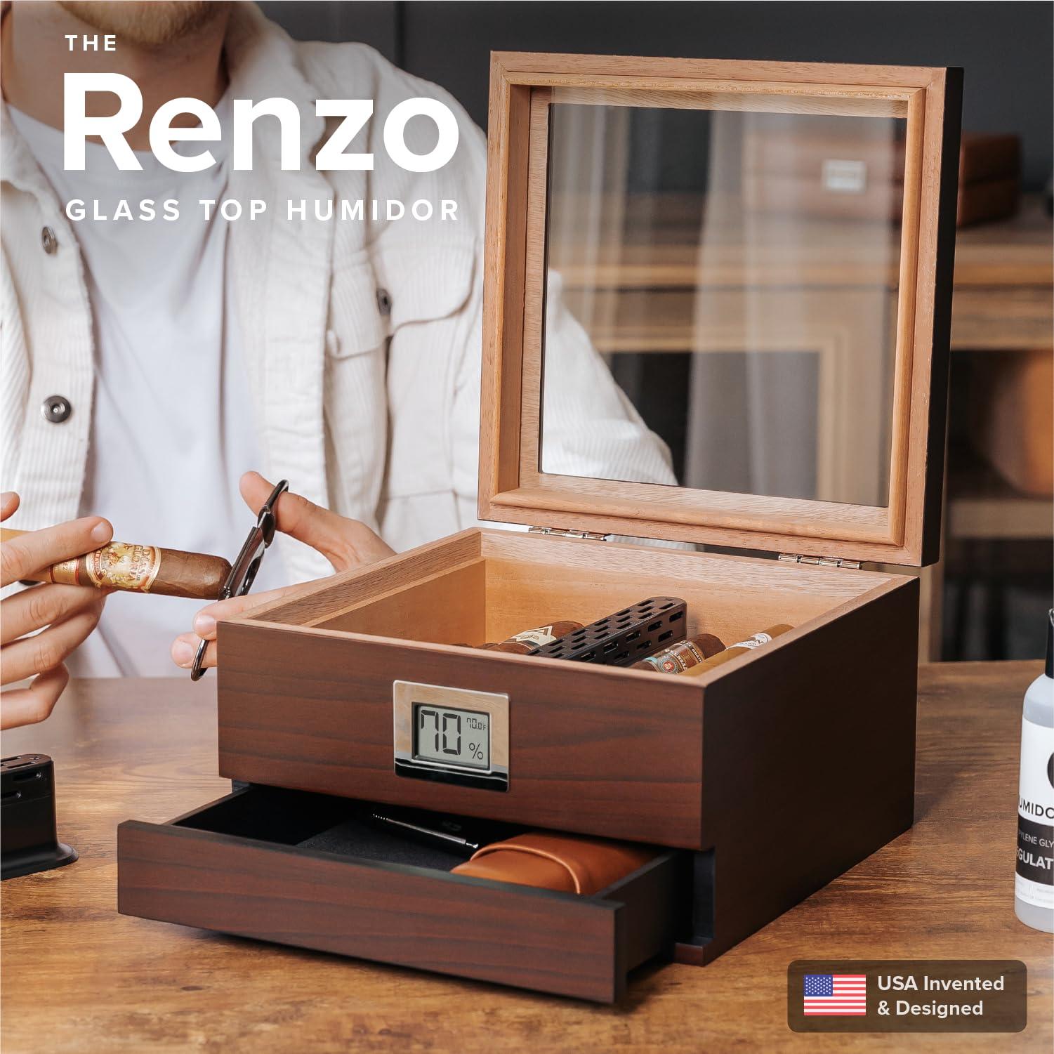 CASE ELEGANCE CASE ELEGANCE - Renzo Glass Top Humidor, Lighter, Cutter, and Travel Case Bundle