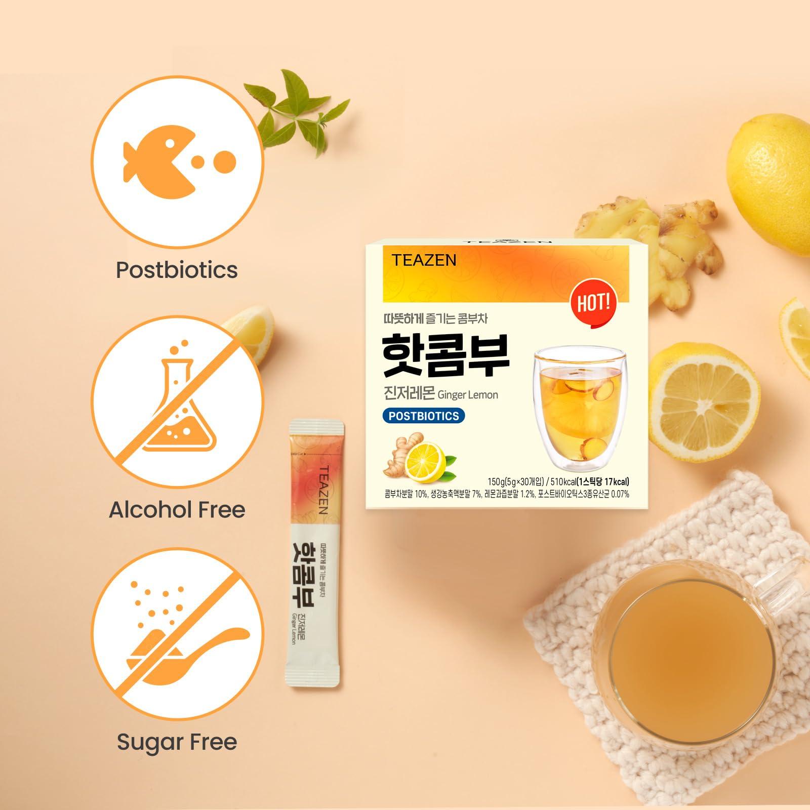 TEAZEN TEAZEN Lemon Ginger Hot Kombucha Tea, Live Probiotics & Postbiotics, Relaxation and Warmth for Colds and Sore Throat, Hydration Drink Mix, Sugar Free, 30 Sticks, 5.29oz