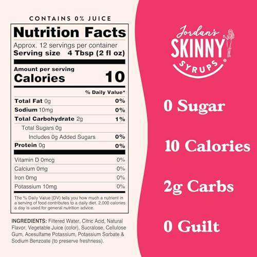 Jordan\'s Skinny Mixes Jordan\'s Skinny Mixes Sugar Free Syrup, Strawberry Lemonade Flavor, Flavored Water Enhancer, Drink Mix for Ice Tea, Lemonade & More, Zero Calorie Flavoring, Keto Friendly, 25.4 Fl Oz, 1 Pack