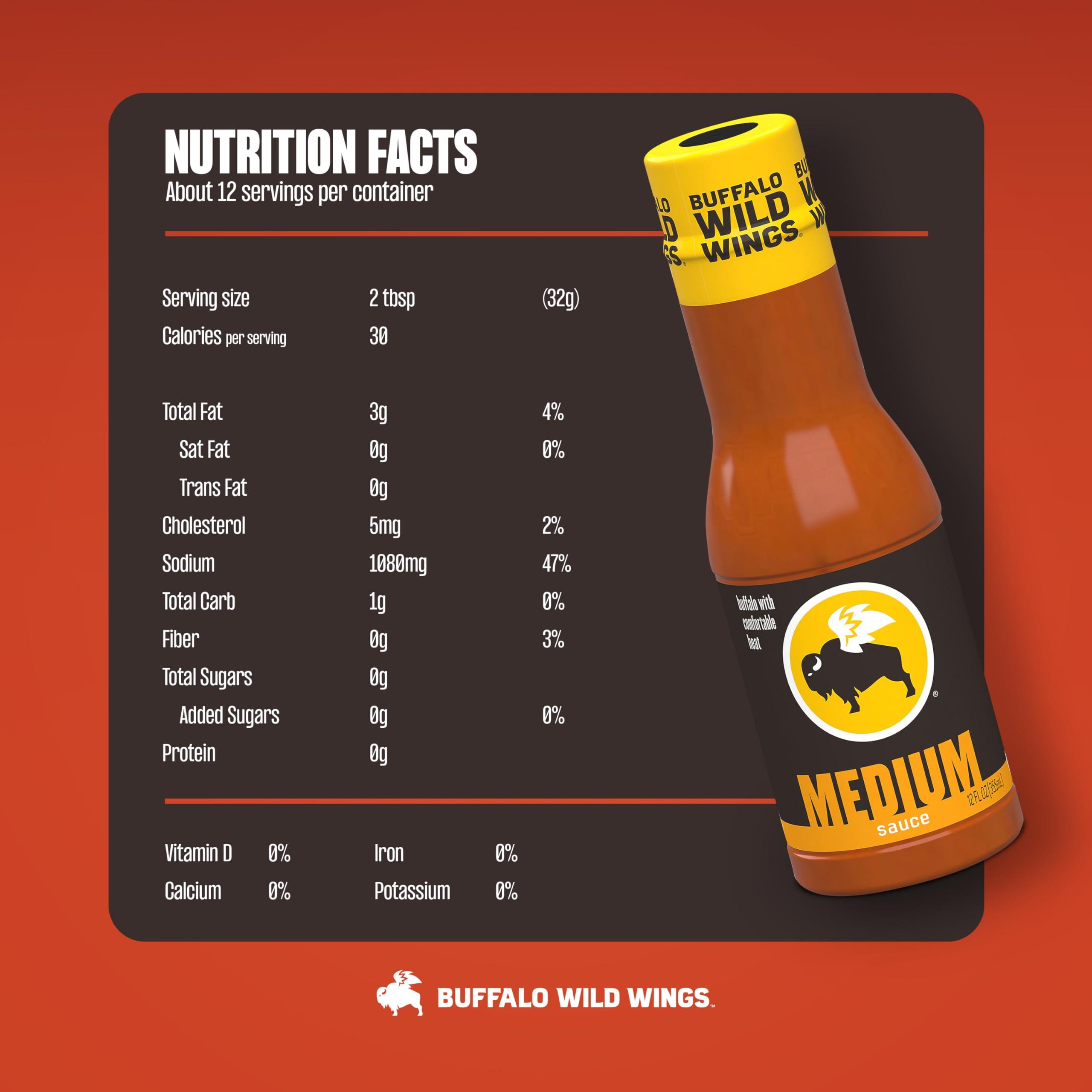 Buffalo Wild Wings Buffalo Wild Wings Medium Buffalo Sauce, 12 fl. oz., Perfect Dipping Sauce, Chicken Marinade, Wing Seasoning and Burger Topping, Enjoy a Medium, Comfortable Heat
