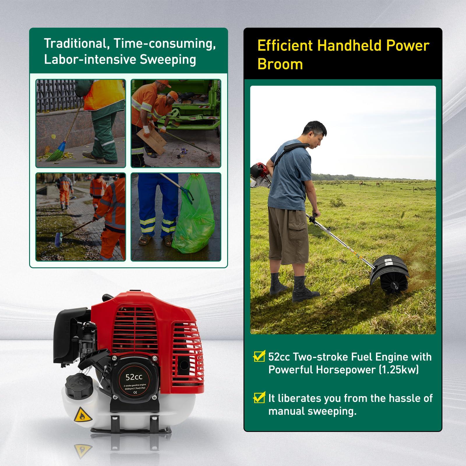 Goudergo Gasoline Power Broom, 2 Stroke 2.3 HP Artificial Turf Sweeper,52CC Handhold Gas Lawn Yard Sweeper, Back Strap Broom Sweeper, Cleaning Equipment/Tool for Cleaning Artificial Grass Sites