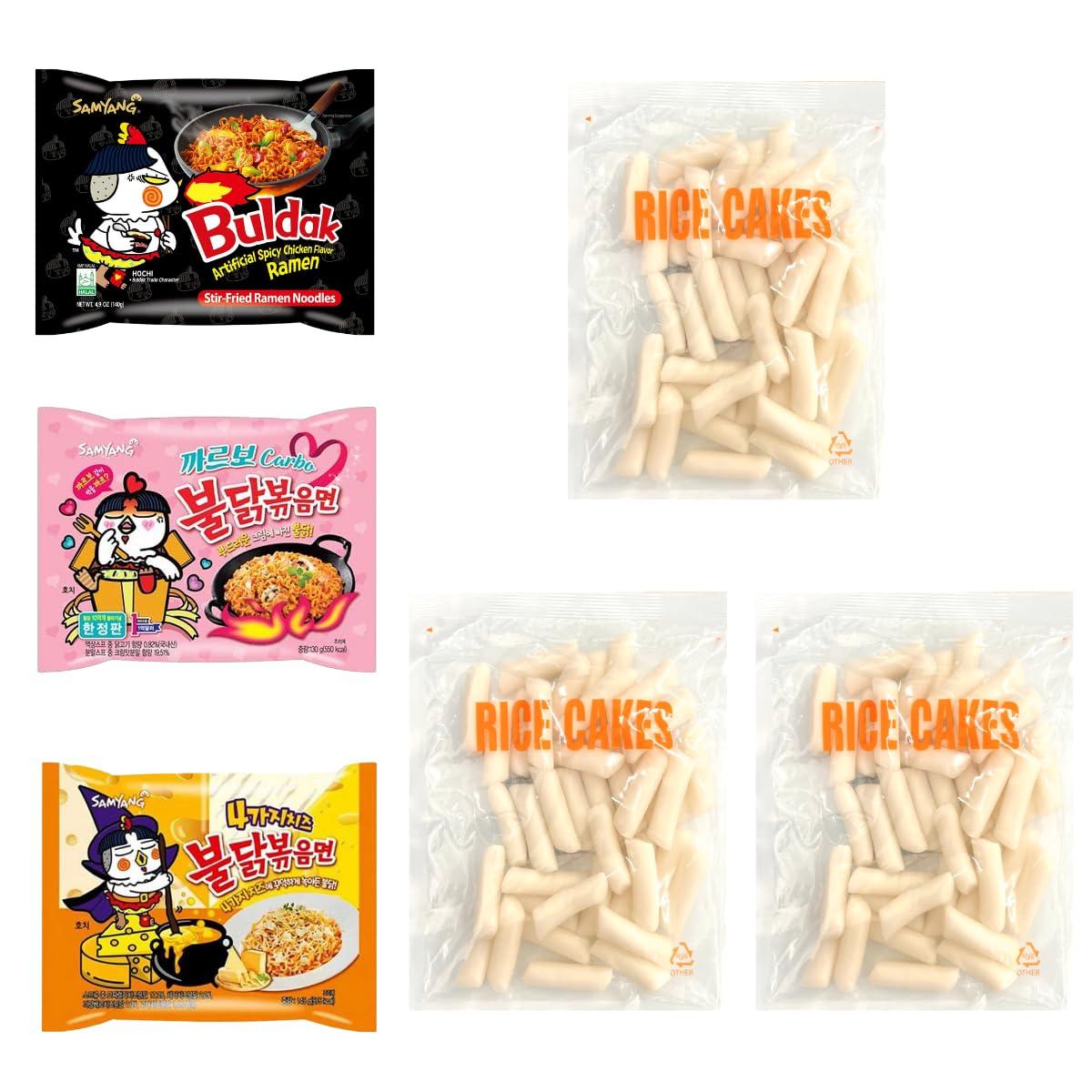 UNHA\'S ASIAN SNACK BOX Hot Chicken Buldak Ramen 3 Flavor with Korean Rice Cake Tteokbokki Stick - Rapokki Stir Fried Ramen Noodle with Tteokbokki Carbonara, Cheese, Original Spicy