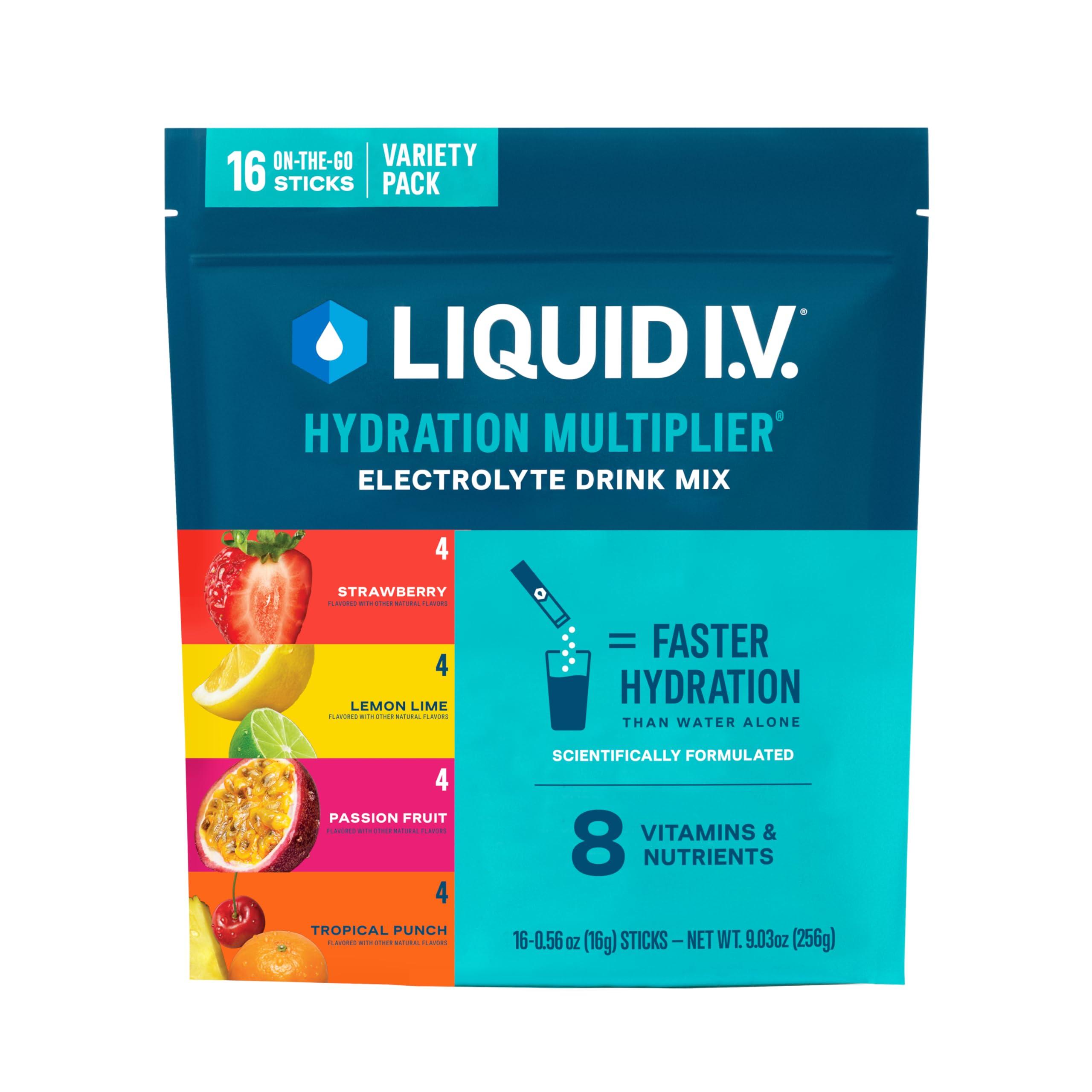 Liquid I.V. Liquid I.V. Hydration Multiplier - Variety Pack - Lemon Lime, Passion Fruit, Strawberry, Tropical Punch | Electrolyte Powder Drink Mix | 1 Pack (16 Servings)