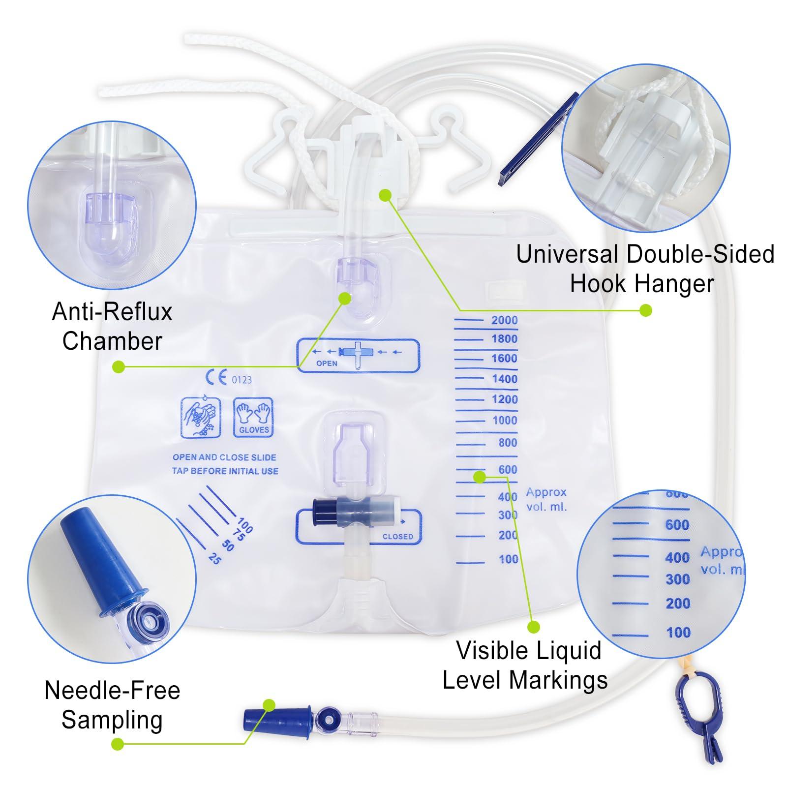 ELERA 5 Pack Urinary Drainage Bag with Anti-Reflux Chamber, 2000ml Professional Adult Urine Bags for Home and Hospital Use -Catheter Bags