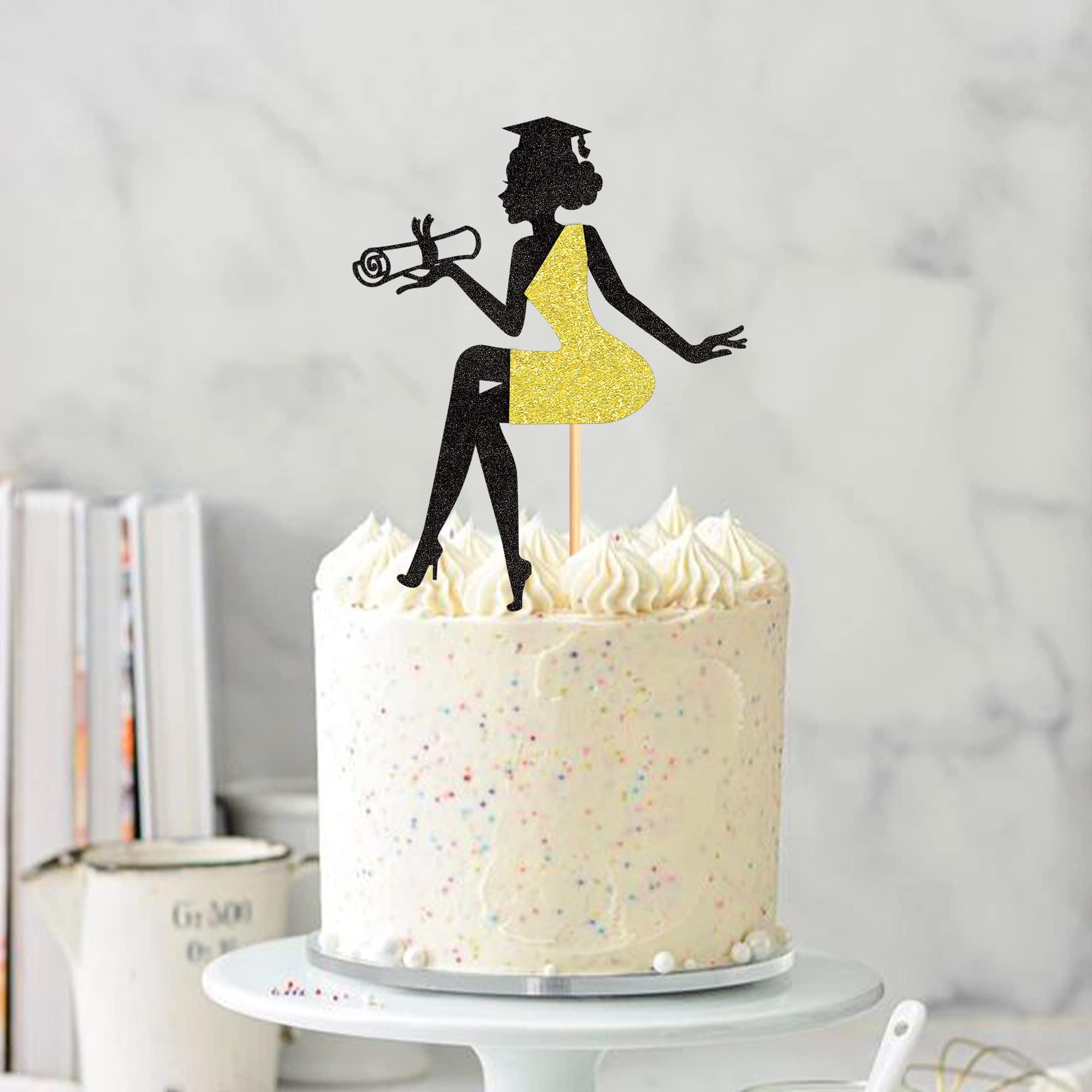 Cyodoos Cyodoos 1 PC High Heel Girl Graduation Cake Topper with Grad Cap Diploma 2023 Graduation Cake Pick 2023 Senior Graduation Cake Decorations for 2023 Girl Graduation Theme Party - Black Gold Glitter