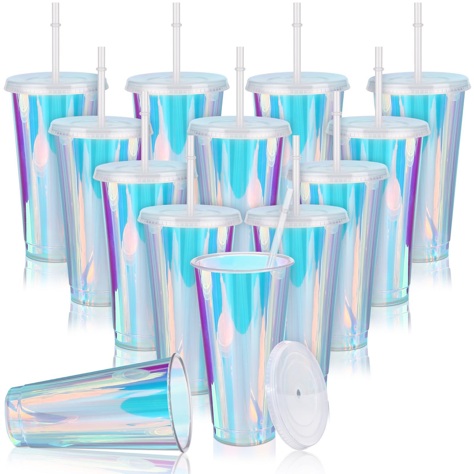 Domensi Domensi Iridescent Plastic Cups with Lids and Straws 24 oz Iridescent Reusable Plastic Tumblers Iced Coffee Cups for Shiny Disco Birthday Wedding Bachelorette Party Supplies(12 Pack)