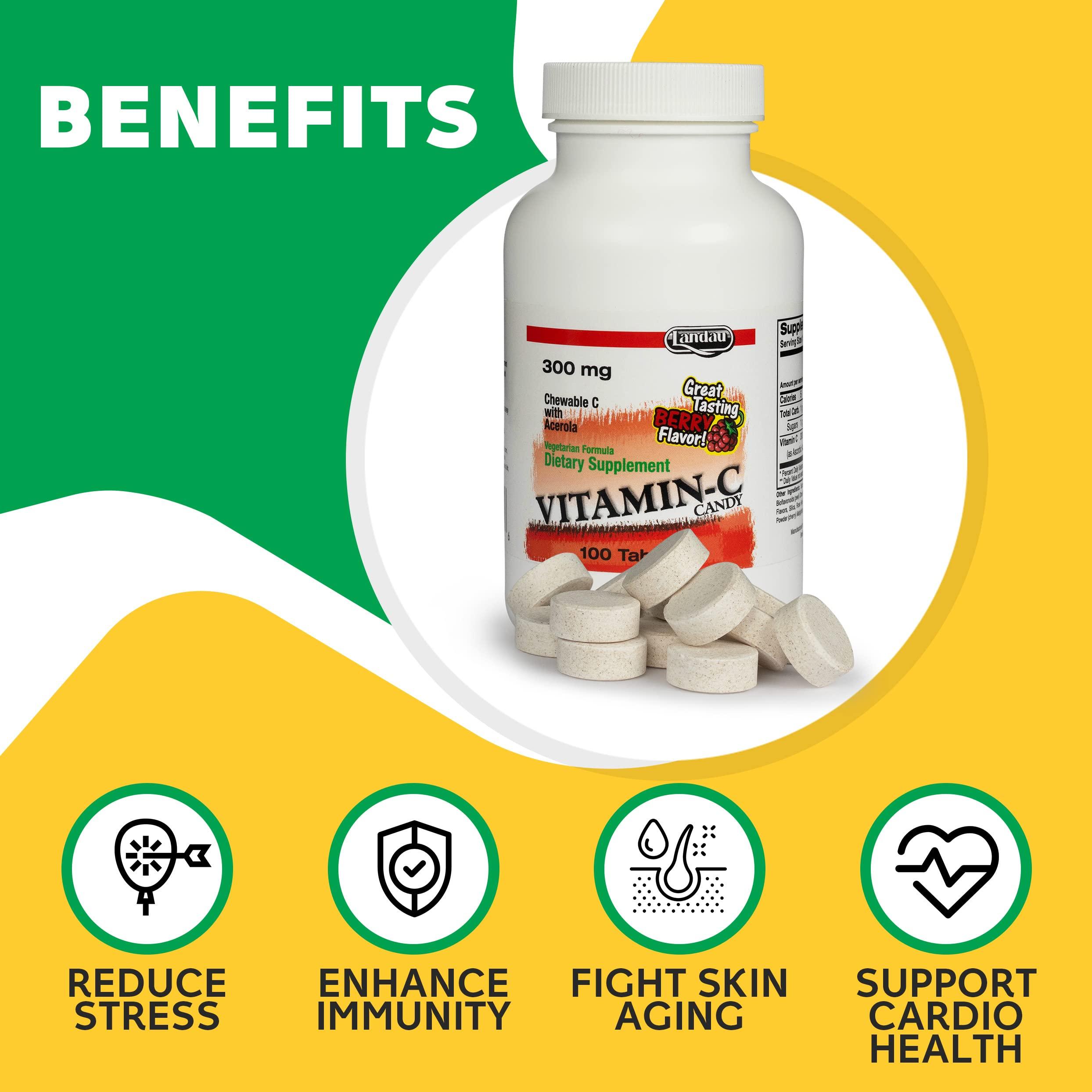 Landau Landau 300mg Chewable Vitamin C Candy for Kids & Adults Easy-to-Take Vitamin C Supplement with Acerola Kosher & Made in The USA Great Tasting Berry Flavor, 100 Tablets