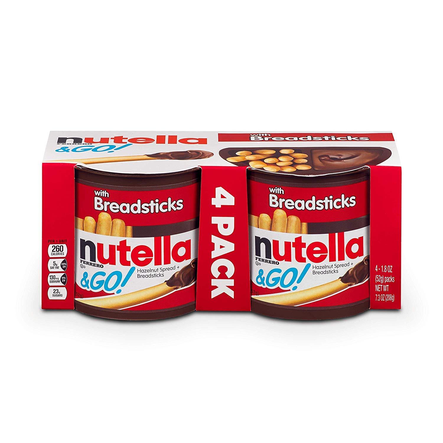 Nutella Nutella and Go Snack Packs, Chocolate Hazelnut Spread with Breadsticks, Perfect Bulk Snacks for Kids' Lunch Boxes, 1.8 oz, Pack of 4