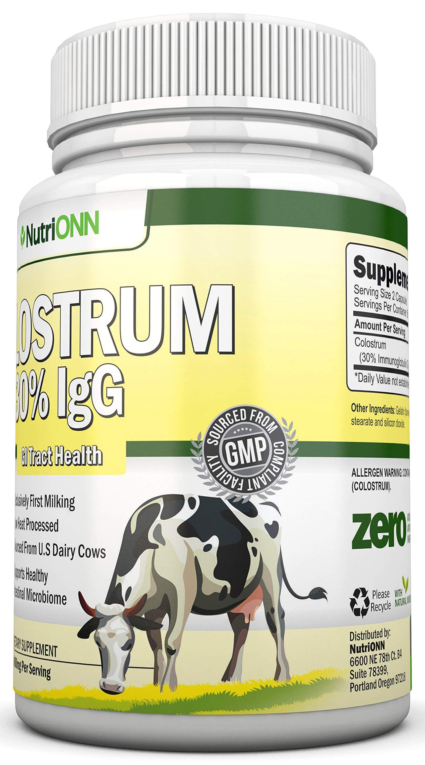 NutriONN Colostrum - 1000mg - 120 Capsules - 30% IgG - Non-GMO US Dairy - First Milking Bovine Colostrum - Low Heat Processed - Great for GI Tract Health - Immune Support - Bone and Muscle Health