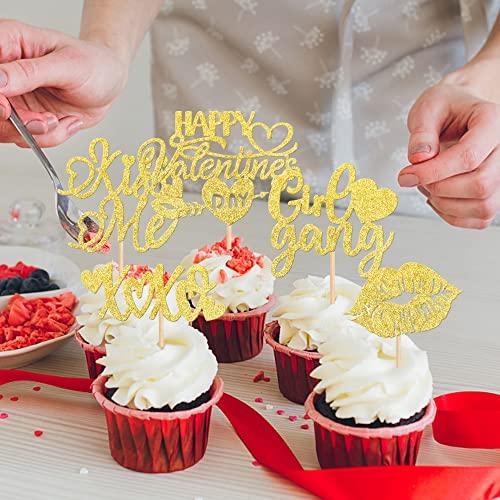 ZHUOWEISM 30 PCS Happy Valentine's Day Cupcake Toppers Glitter Lips Kiss Me Love heart Be Mine Cupcake Picks for Valentine's Day Theme Wedding Bridal Shower Birthday Party Cake Decorations Supplies Gold