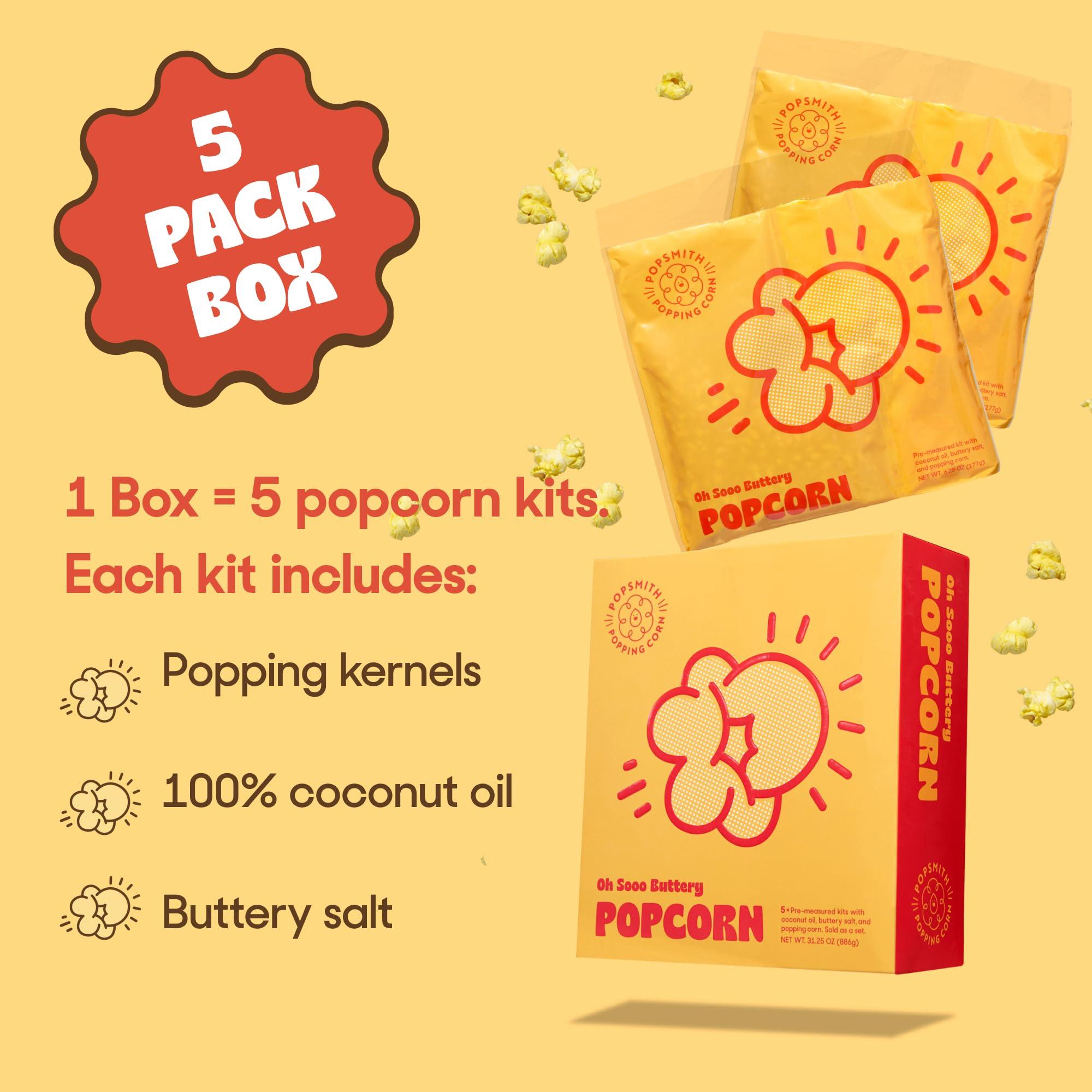 POPSMITH Popsmith Popcorn Pre-Measured Popcorn Kits - Five 4-oz Buttery Popcorn Kits with Butter Flavored Coconut Oil & Buttery Popcorn Salt. Authentic Movie Theater Flavor.