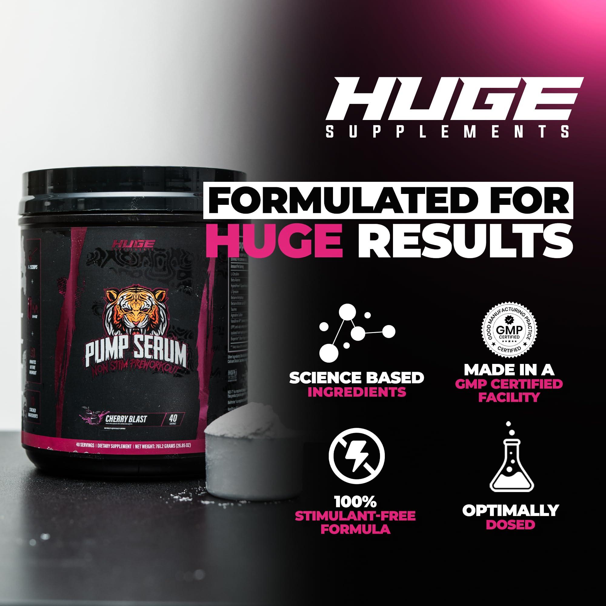 Huge Supplements Huge Supplements Pump Serum, Stim Free Pre Workout and Nitric Oxide Booster to Enhance Focus, Pumps, Fulness with No Caffeine, L-Citrulline, GlycerPump, L-Tyrosine, Nitrosigine (Cherry Berry)