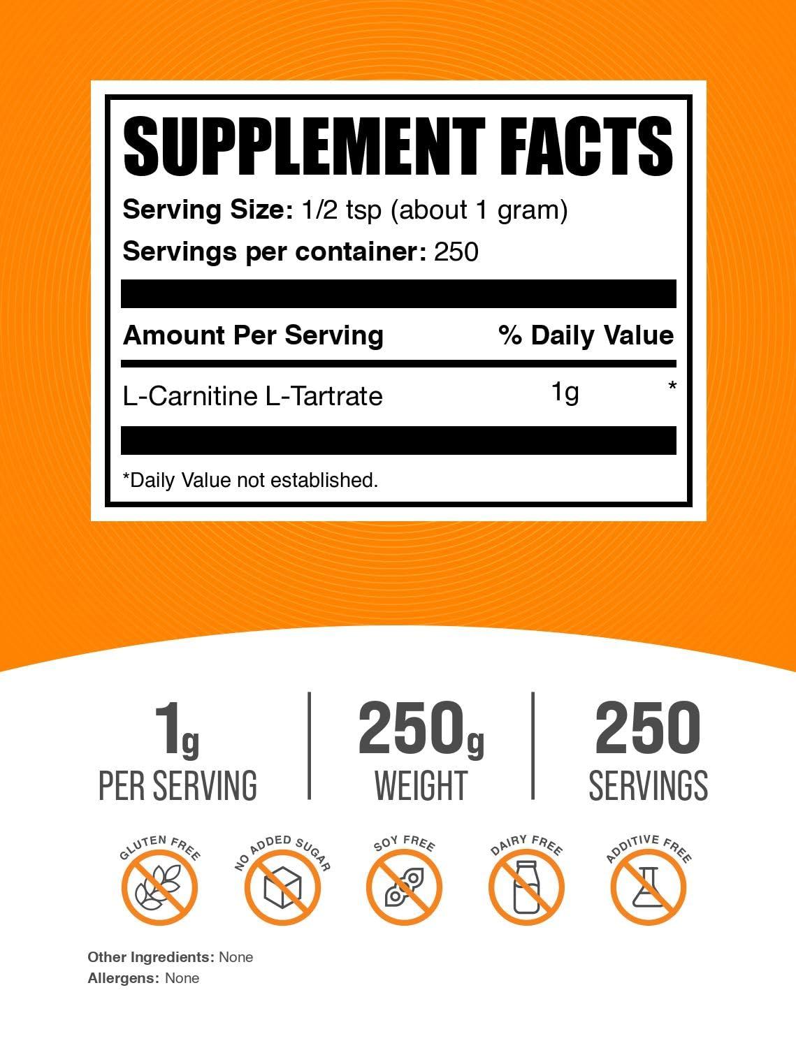BulkSupplements BULKSUPPLEMENTS.COM L-Carnitine L-Tartrate Powder - Carnitine Supplement, L-Carnitine Tartrate, L Carnitine 1000mg - Amino Acids Supplement, Gluten Free, 1000mg per Serving, 250g (8.8 oz)