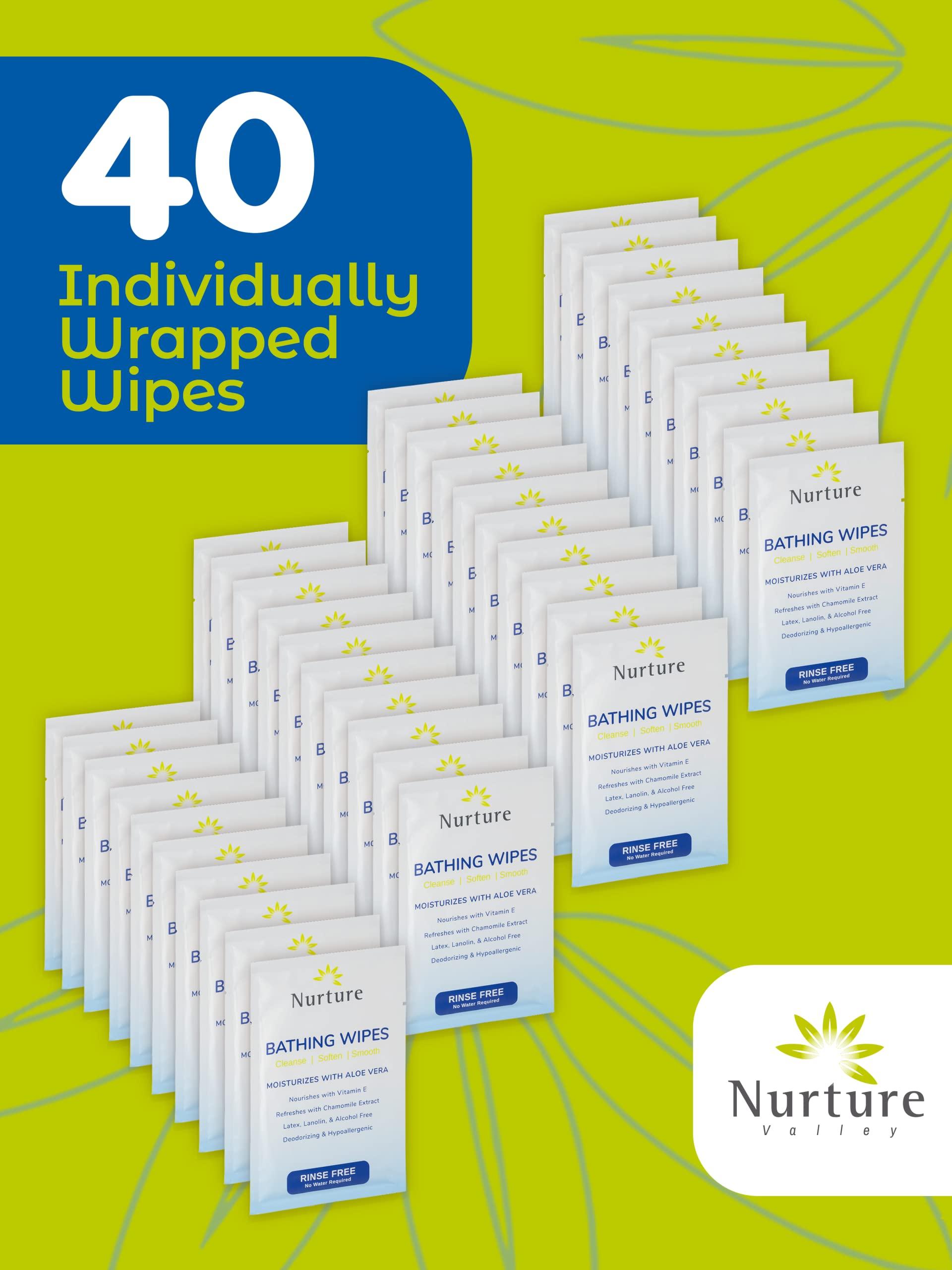 Nurture Valley Nurture Rinse Free Bathing Wipes for Adults w/Aloe Waterless Cleansing for sensitive skin Disposable Adult Body Bath Wet Wipe for Disabled Bedridden (Pack of 40 (individually wrapped))