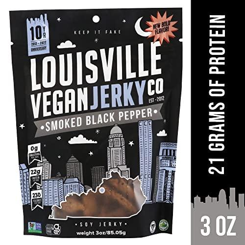 Louisville Vegan Jerky Louisville Vegan Jerky - Smoked Black Pepper, Vegetarian & Vegan-Friendly Jerky, 21 Grams of Non-GMO Soy Protein, 240 Calories Per Bag, Gluten-Free Ingredients (3 oz, 5-Pack)