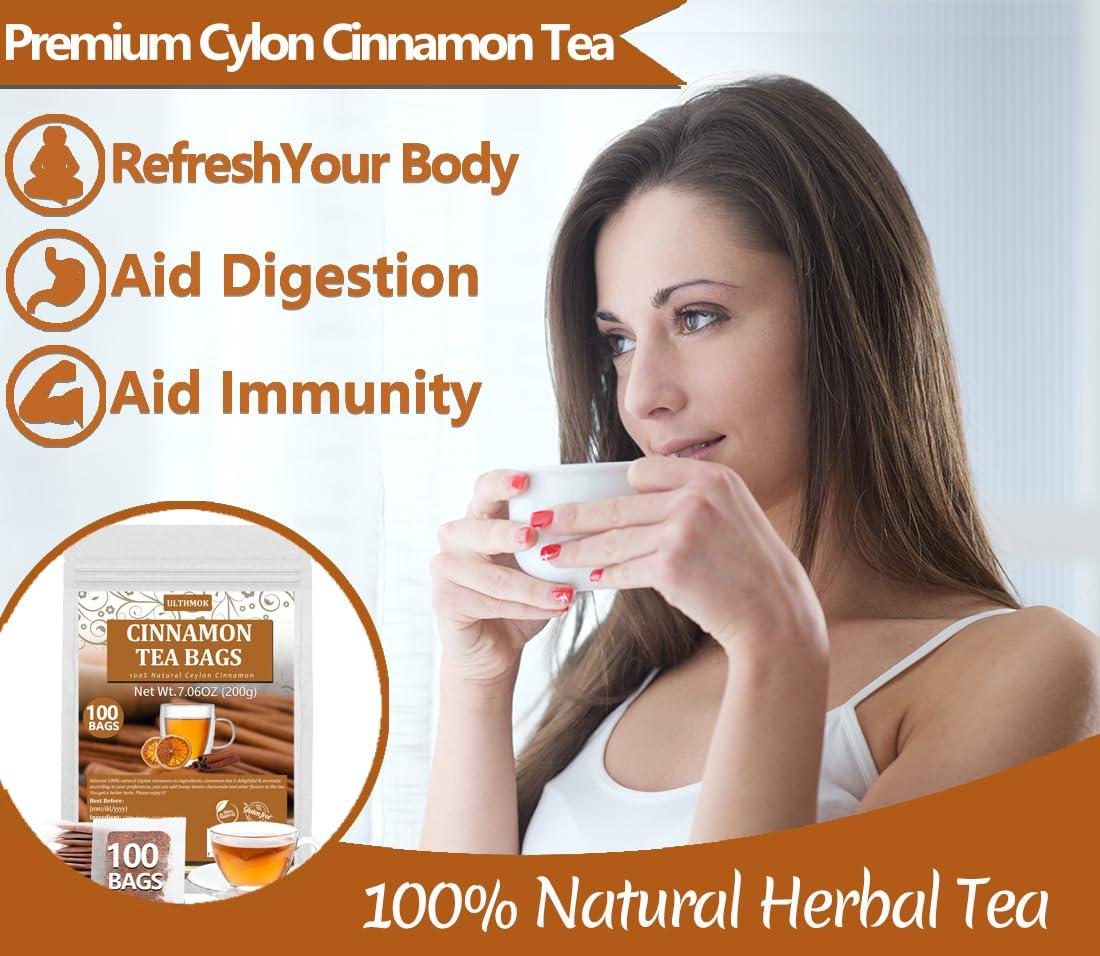 ULTHMOK Premium 100 Ceylon Cinnamon Tea Bags, Made with 100% Ceylon Cinnamon Sticks, No Additives & Caffeine Free.