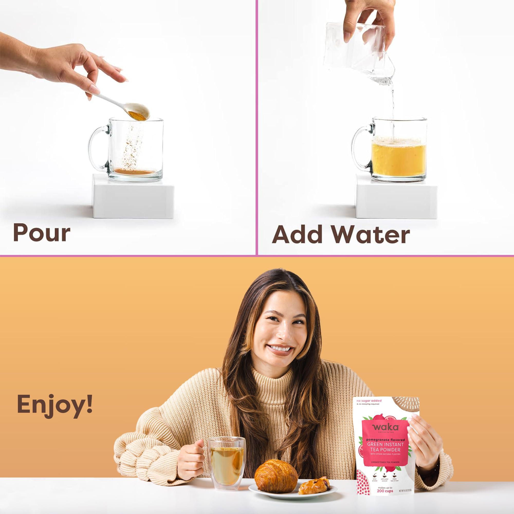 Waka Coffee Waka Instant Green Tea Mix, Pomegranate Flavored - 100% Tea Leaves, No Additives, Unsweetened Tea Powder in Bulk Pouch Easy Quick Hot and Iced Teas, Up to 200 Cups (4.5oz)