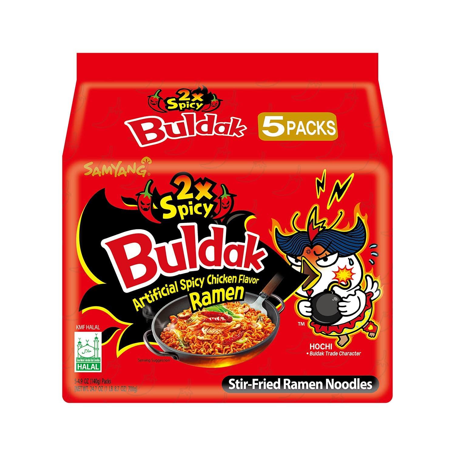 Samyang Samyang Buldak Hot Chicken Ramen, Korean Stir-Fried Instant Noodle, 2X Spicy, 4.94 OZ(140g), Pack of 5