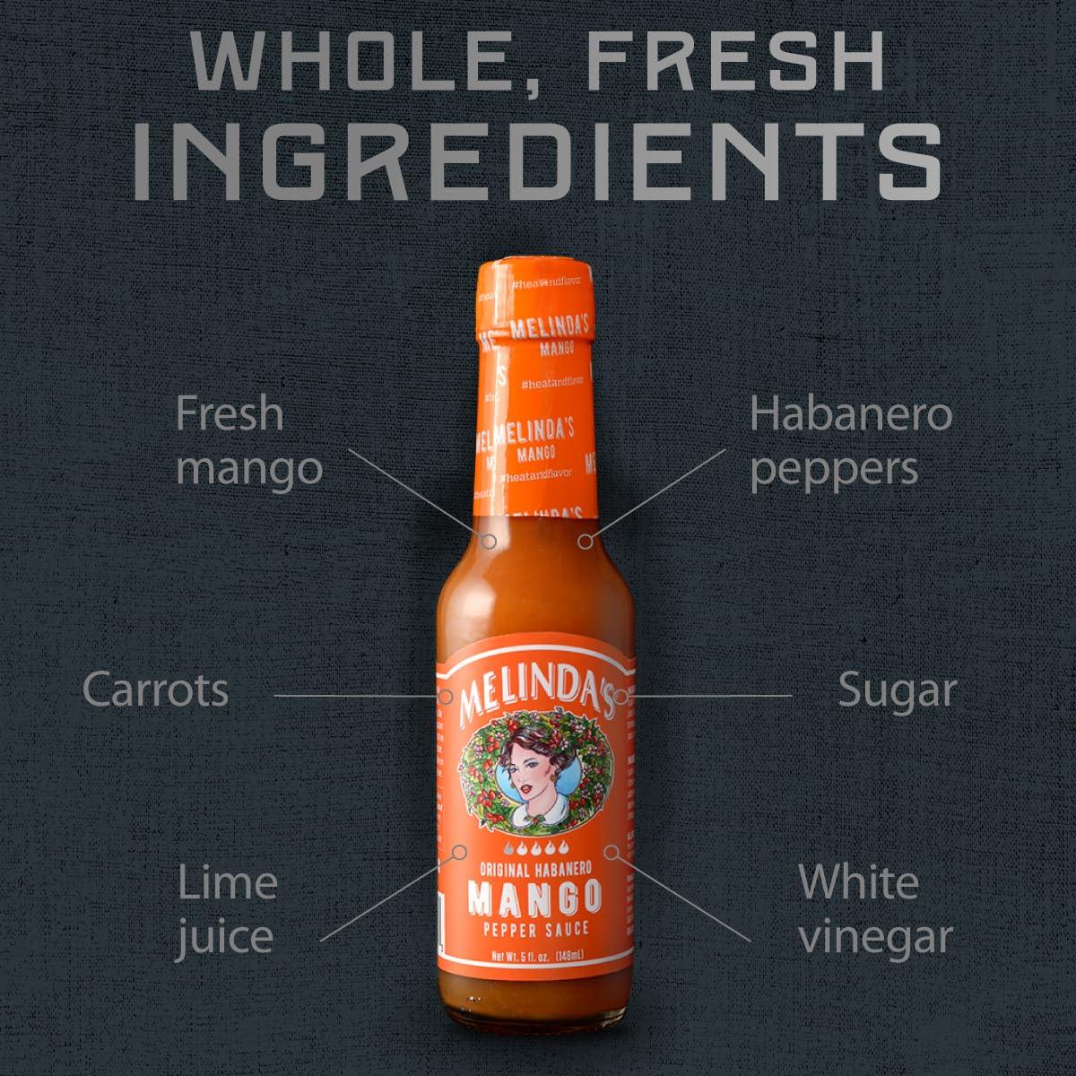 Melinda's Melindas Mango Habanero Hot Sauce - Sweet & Mild Hot Sauce - Mango Habanero Sauce Made with Fresh Ingredients, Real Mango, Habanero Peppers, Vinegar, Carrot & Lime - 5oz, 3 Pack