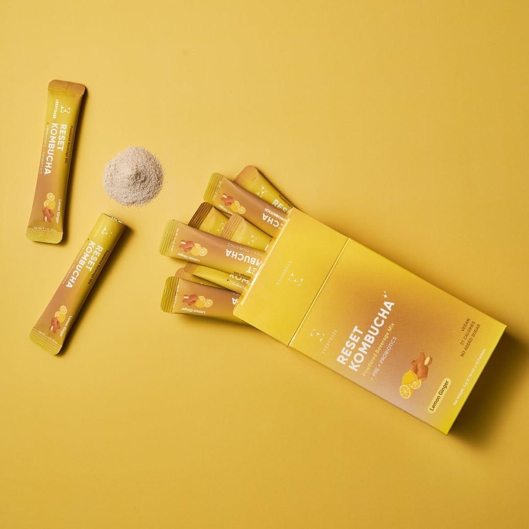 E EVERYDAZE Everydaze Reset Kombucha Tea Powdered Beverage Mix | 10 Sticks | Prebiotics + Probiotics | Vegan | No Added Sugar, Gluten Free, Sparkling Powder Drink Pack (Lemon Ginger)