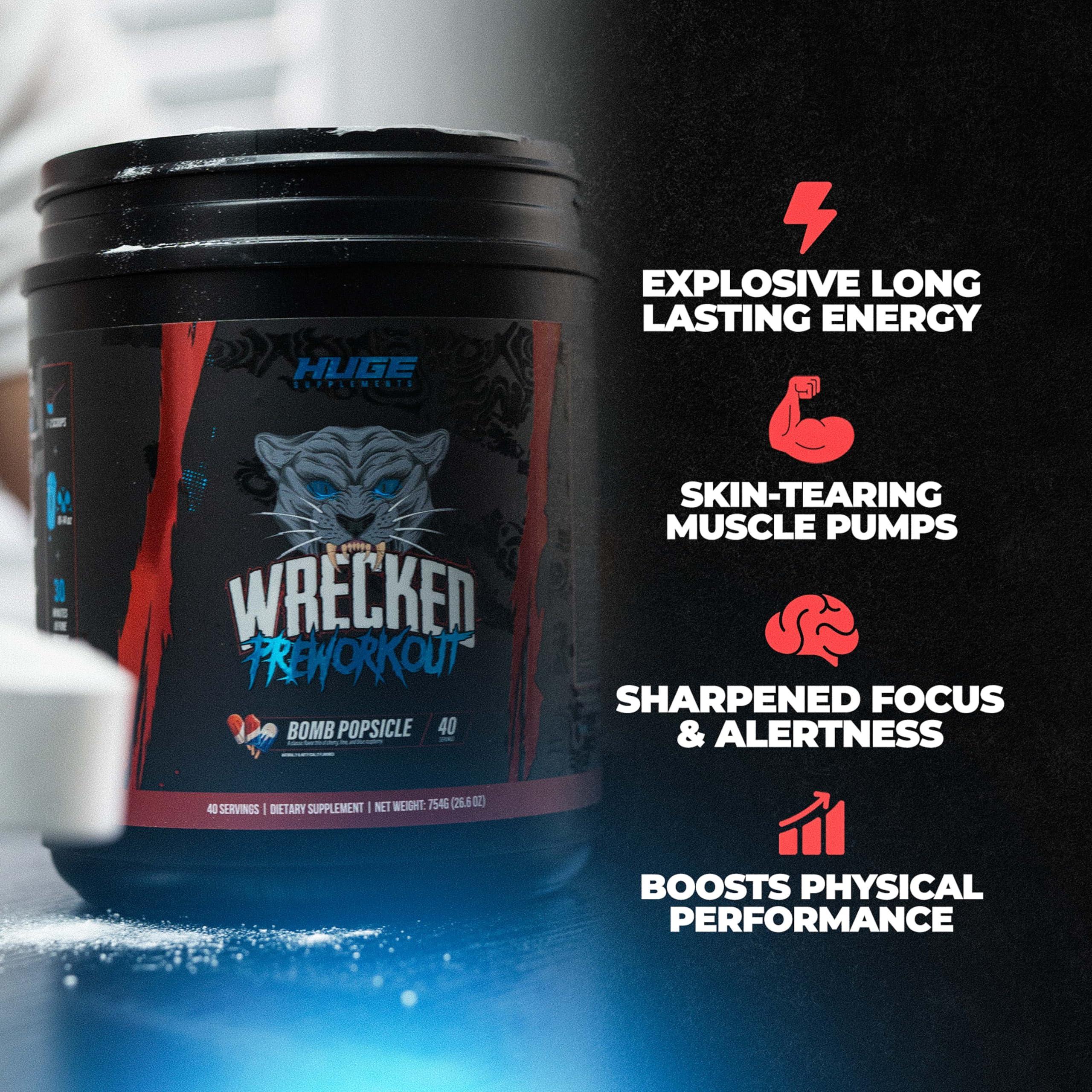 Huge Supplements Wrecked Pre Workout Powder, Advanced Formula, Boosts Energy, Focus, Pumps & Performance, 10g L-Citrulline, 6.4g Beta Alanine, 5g Tyrosine, 1g Alpha GPC, 375mg Fast-Acting Caffeine & More (40 Servings)