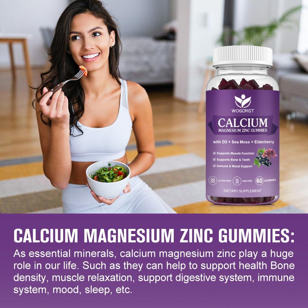 WOGORGT Calcium Magnesium Zinc Gummies with Vitamin D3 - High Absorption Complex Calcium Supplement with Sea Moss, Elderberry for Bone, Muscles, Immune, Mood & Sleep Support, Vegan - 60 Gummies (3 Pack)