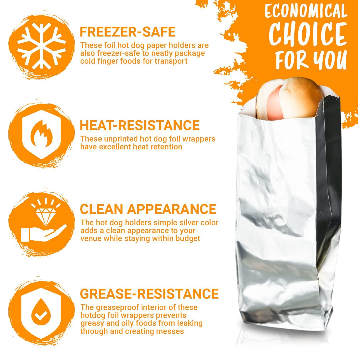 C&S Event Supply Co. C&S Event Supply Co. Silver Foil Hot Dog Sleeves - 9\'\' Unprinted Hot Dog Wrappers - Grease Resistance Food Bags to Keep Food Hot and Non-Messy - Disposable Hot Bags for Fast Food and Food Truck (250)