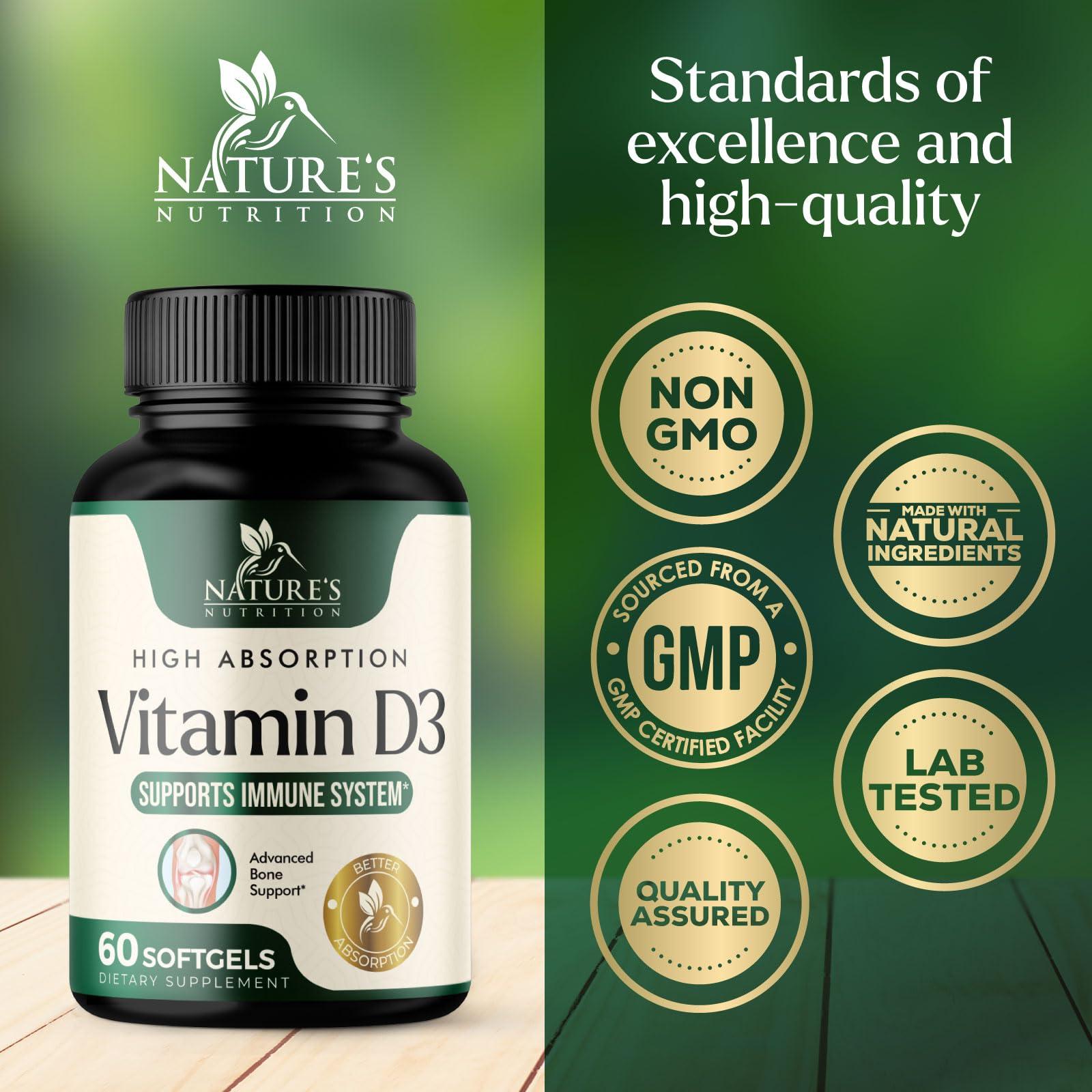 Nature's Nutrition Vitamin D3 Supplement 5000iu (125 mcg) - High Potency Vitamin D Dietary Supplement for Bone, Teeth, Muscle and Immune Health Support - Rapid Absorption D3 Softgel, Non-GMO, Gluten Free - 60 Softgels