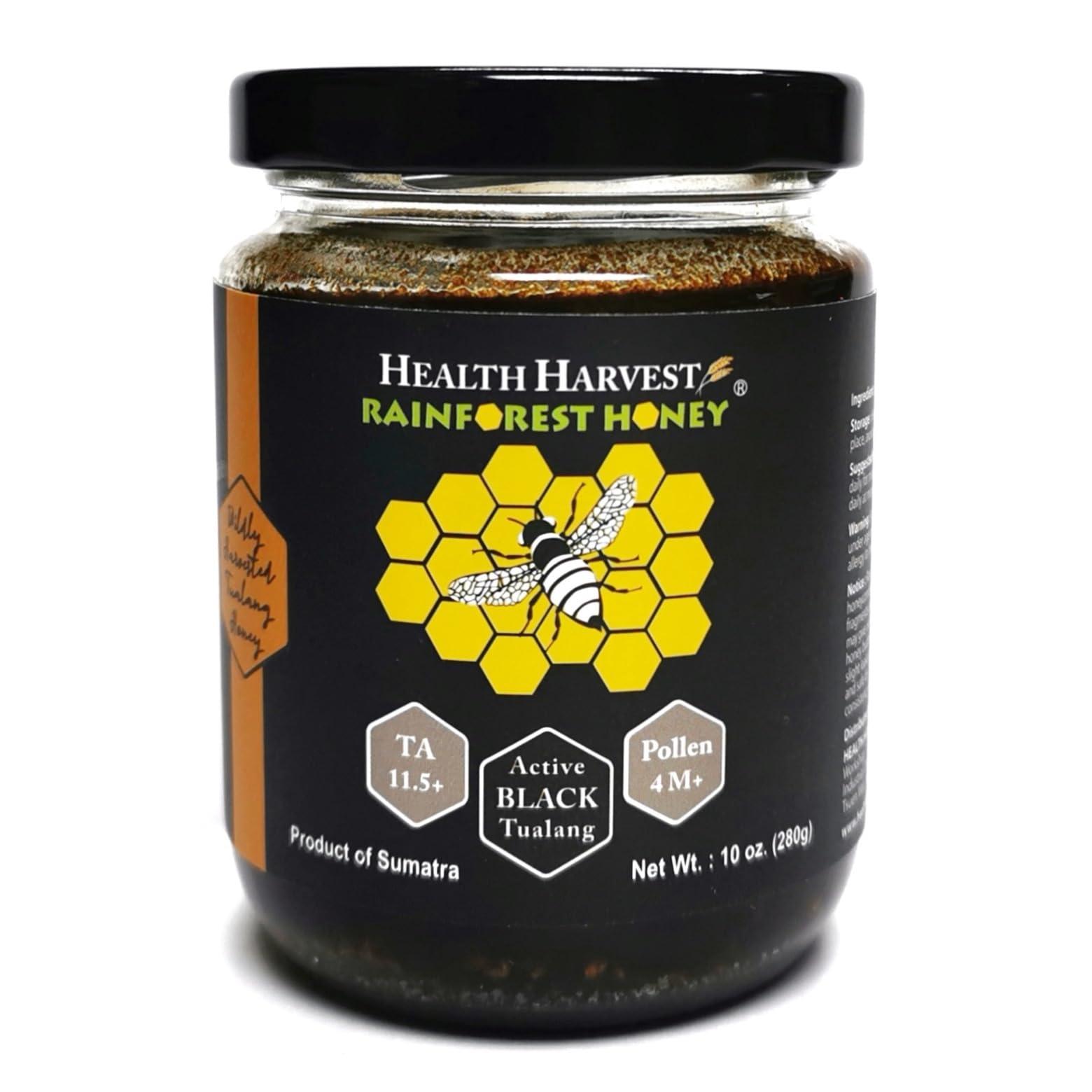 Health Harvest Tualang Black Honey 10oz (TA 11.5+, Pollen Count 4.0M+, Pollen Variety 100+) Intense Choice for Women Preservation, Wild-ripening on 250ft Treetop, Raw, Unpasteurised, Unfiltered