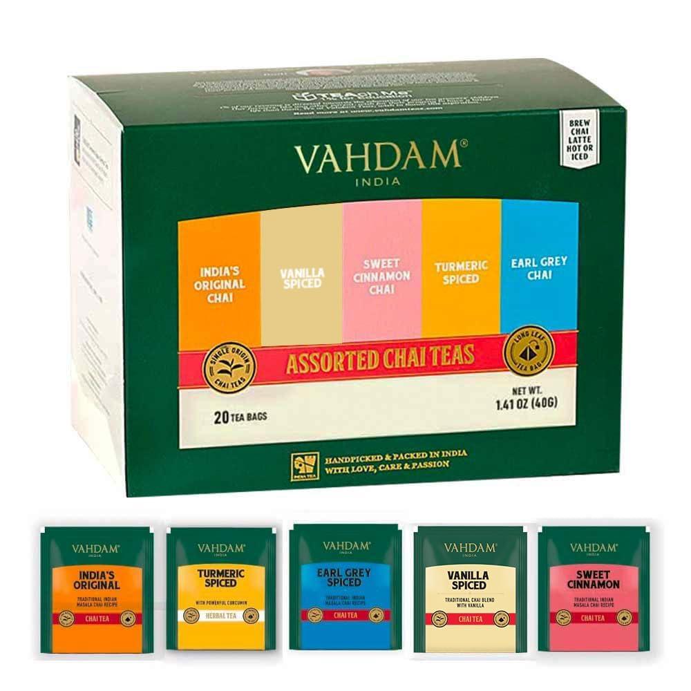 VAHDAM VAHDAM, Assorted Chai Tea Bags Sampler (5 Flavors, 20 Ecofriendly Pyramid Tea bags) I Valentines Day Gift Ideas for Women & Men | Masala Chai Tea Varieties from India | Gluten Free & Non GMO