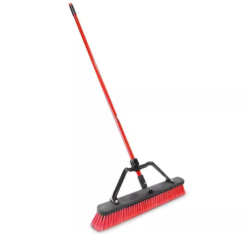 GDUFAMIU Heavy-Duty 24\'\'W Push Broom for Multi-Surface with 60\'\'L Steel Handle, Black and Red