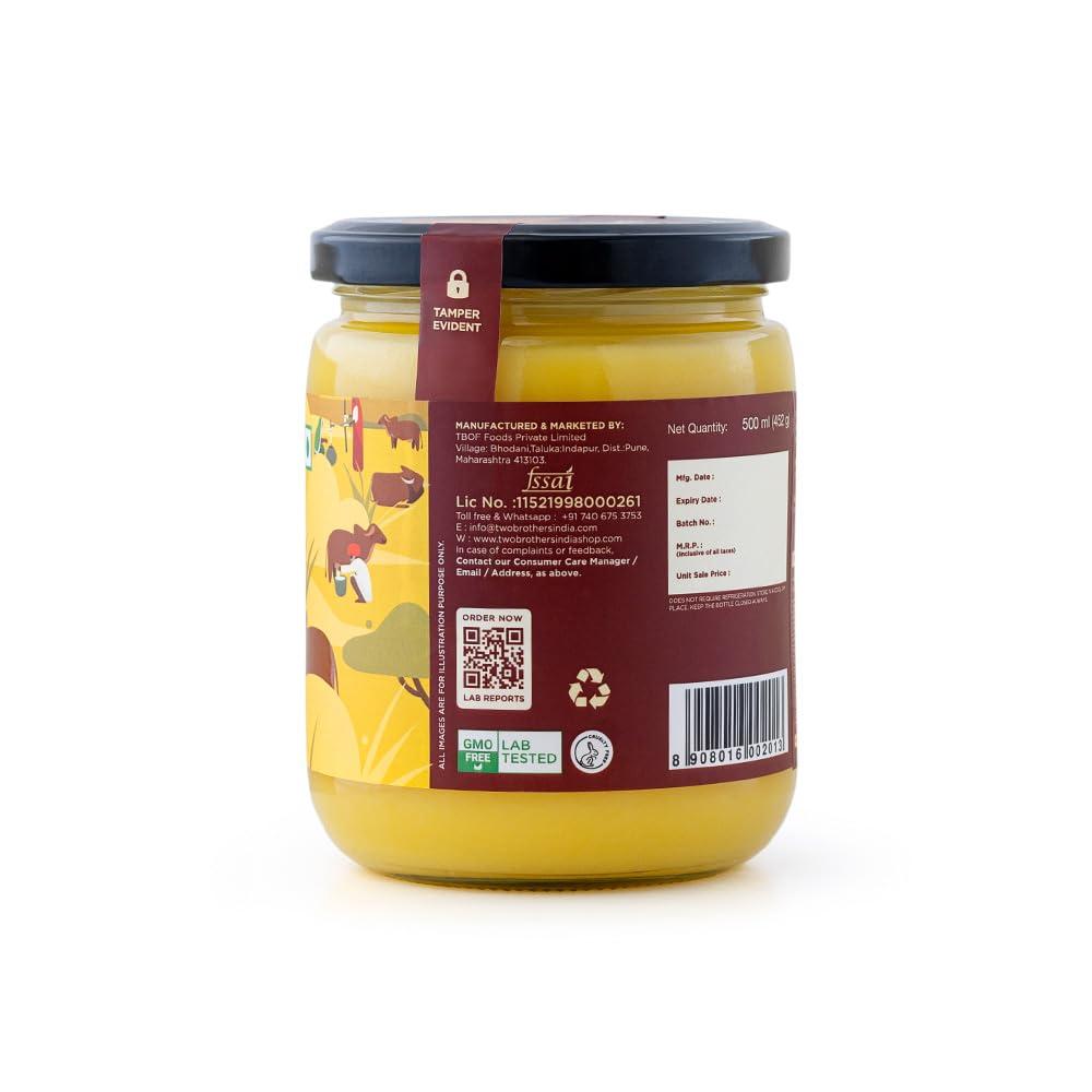 AMOREARTH - NATURAL.HEALTHY.FRESH Two Brothers Organic Farms - Grass Fed A2 Ghee 16 Fl Oz (500ml) | Clarified Butter | Cultured, Desi Gir Cow Ghee | Pasture Raised on Certified Organic Farm | Non-GMO, Lactose-Free, Keto Friendly | Made from Whole Curds in Small Batches | Glass Jar
