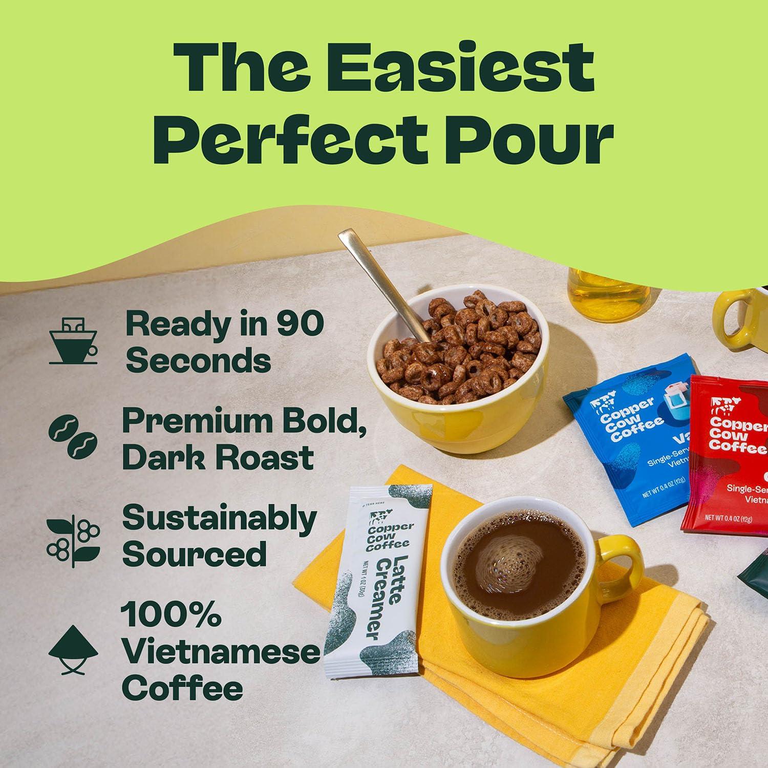 Copper Cow Coffee Copper Cow Premium Pour Over Single-Serve Vietnamese Coffee | Churro Lattes | Flavored with Real Cinnamon | Includes 8 Coffees & 8 Milk Creamers