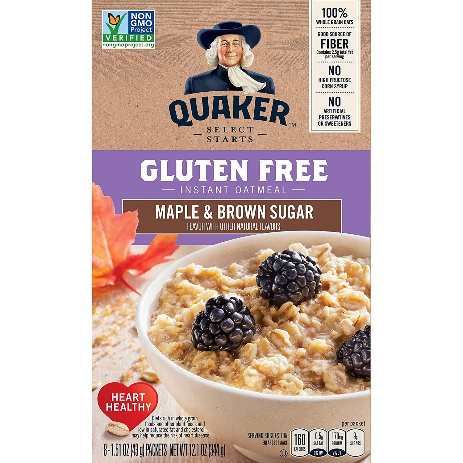 Quaker Quaker Select Starts Gluten Free Instant Oatmeal, Maple and Brown Sugar, 12.1 oz Box - 8-1.51 oz Packets